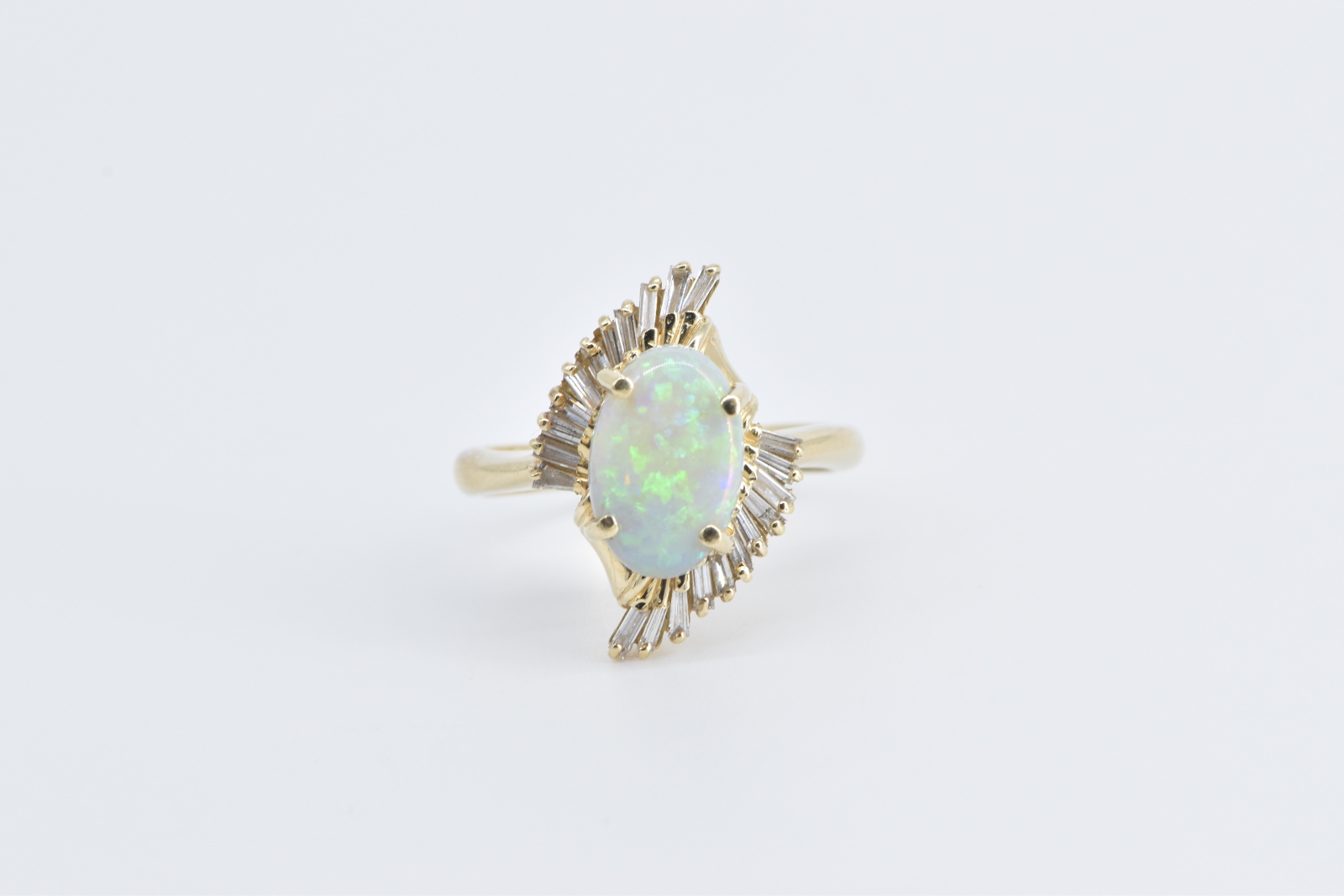 14K Opal Baguette Diamond Fanned Halo Swirl Yellow Gold Ring, Size 7.75