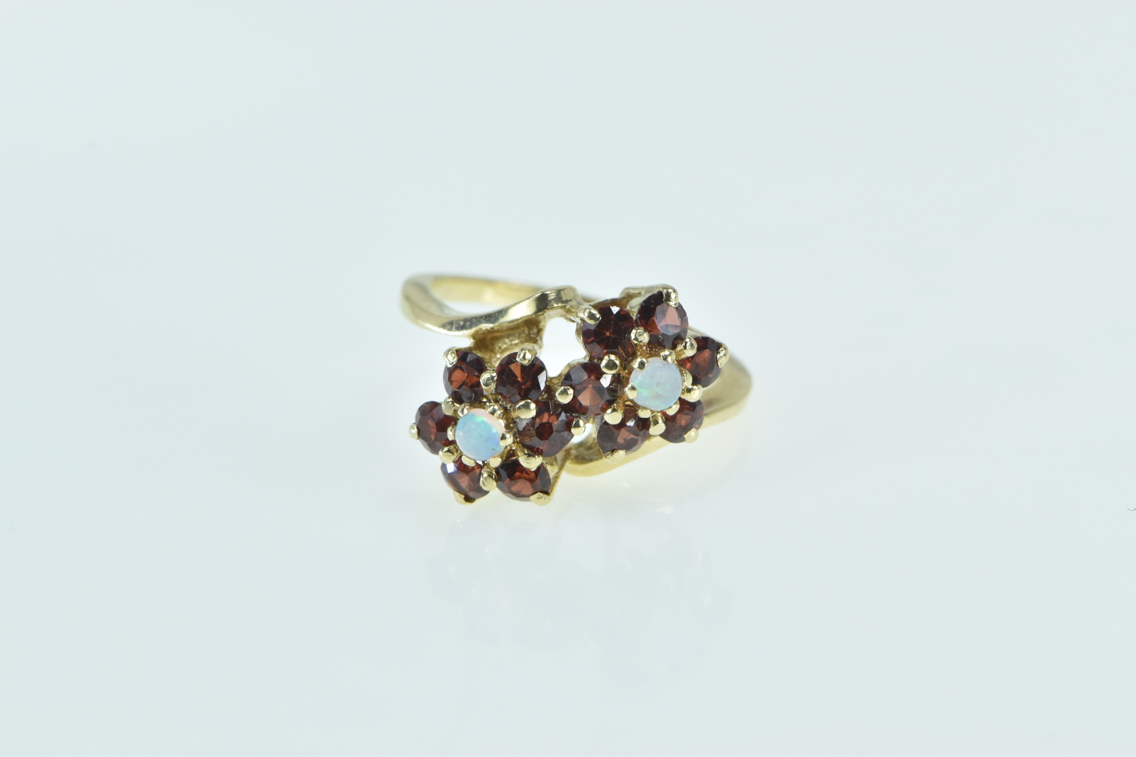 14K Opal Ruby Halo Flower Cluster Bypass Yellow Gold Ring, Size 6