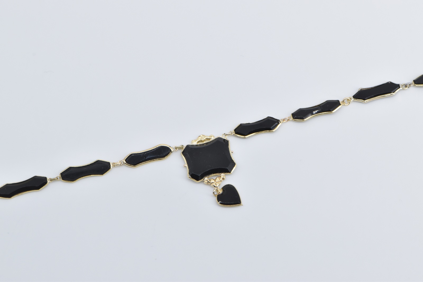 14K Ornate Black Onyx Drop Heart Mourning Yellow Gold Necklace 18"