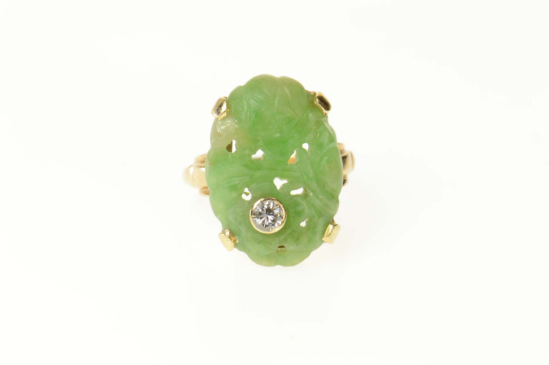 14K Ornate Carved Floral Jade Diamond Cocktail Yellow Gold Ring, Size 3