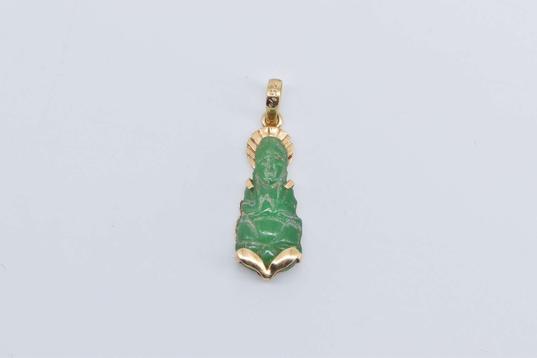 14K Ornate Carved Jade Chinese Buddha Yellow Gold Pendant