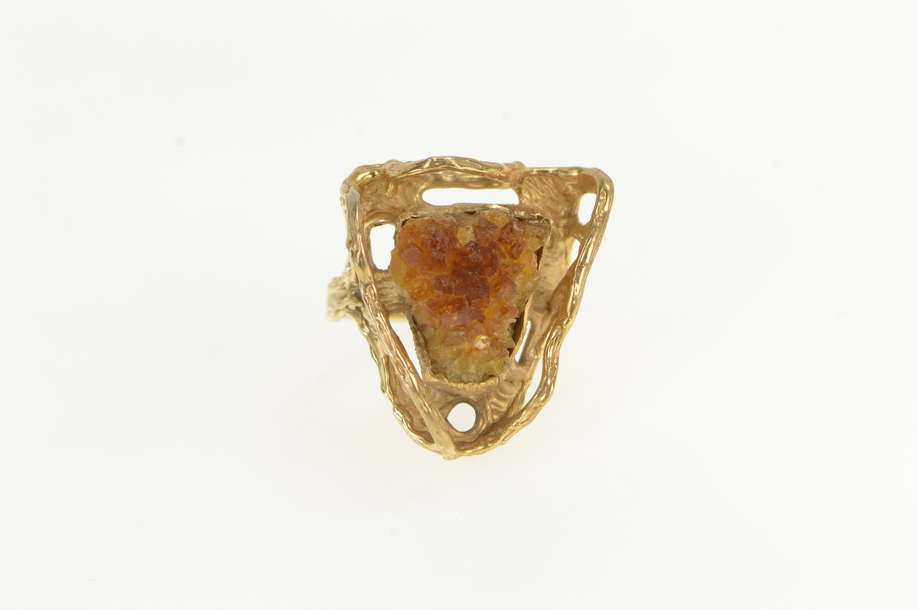 14K Ornate Citrine Geode Raw Cluster Cocktail Yellow Gold Ring, Size 8.25