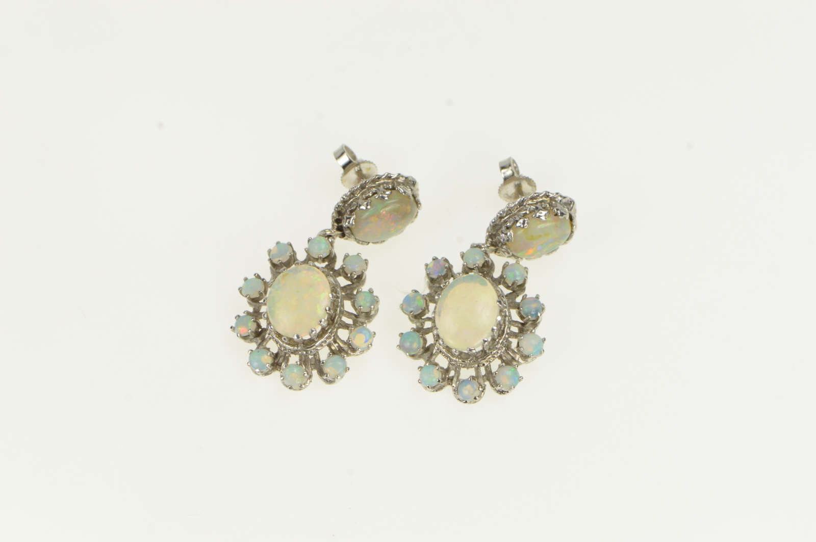 14K Ornate Classic Oval Natural Opal Halo Dangle White Gold Earrings