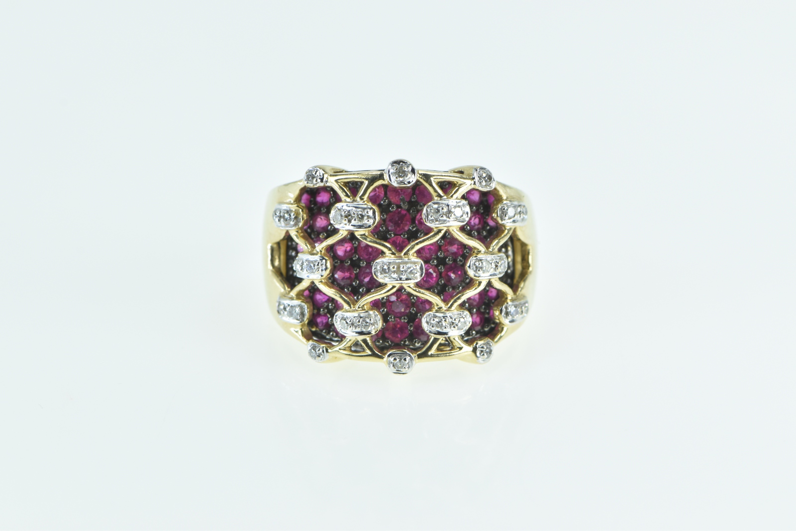 14K Ornate Diamond Ruby Lattice Statement Band Yellow Gold Ring, Size 8.5
