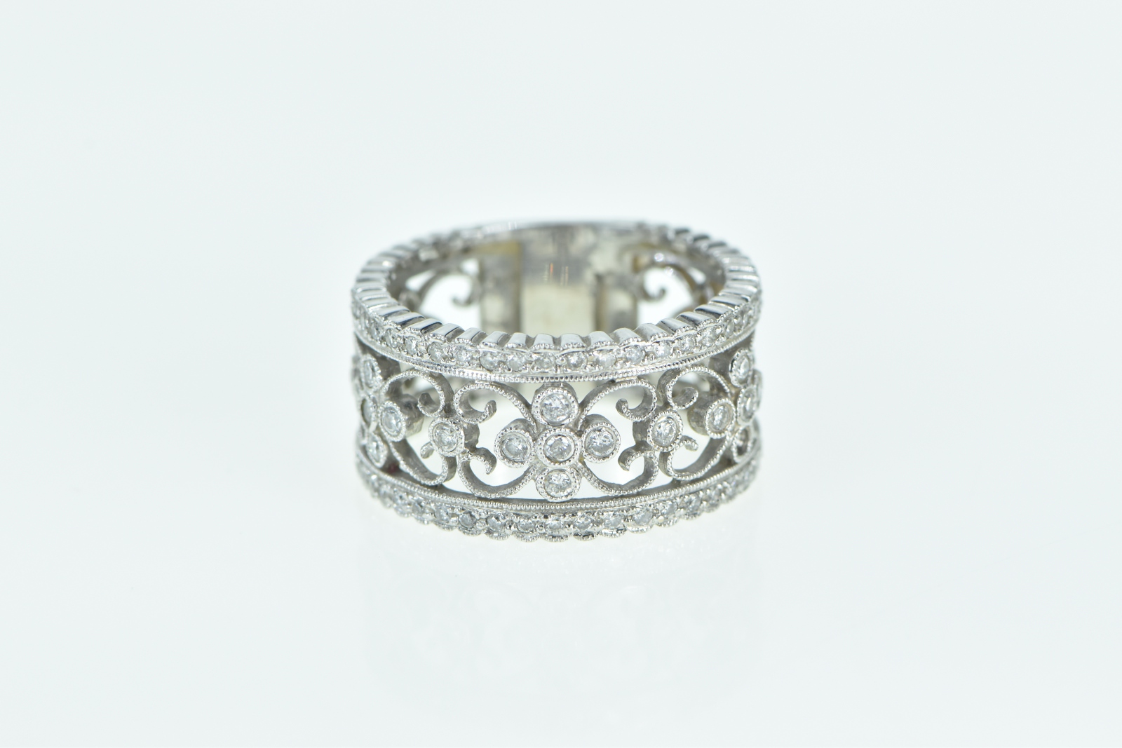 14K Ornate Diamond Scroll Filigree Statement Band White Gold Ring, Size 8