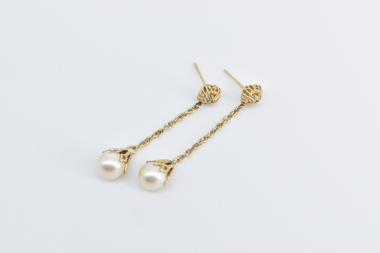 14K Ornate Filigree Pearl Fashion Dangle Yellow Gold Earrings