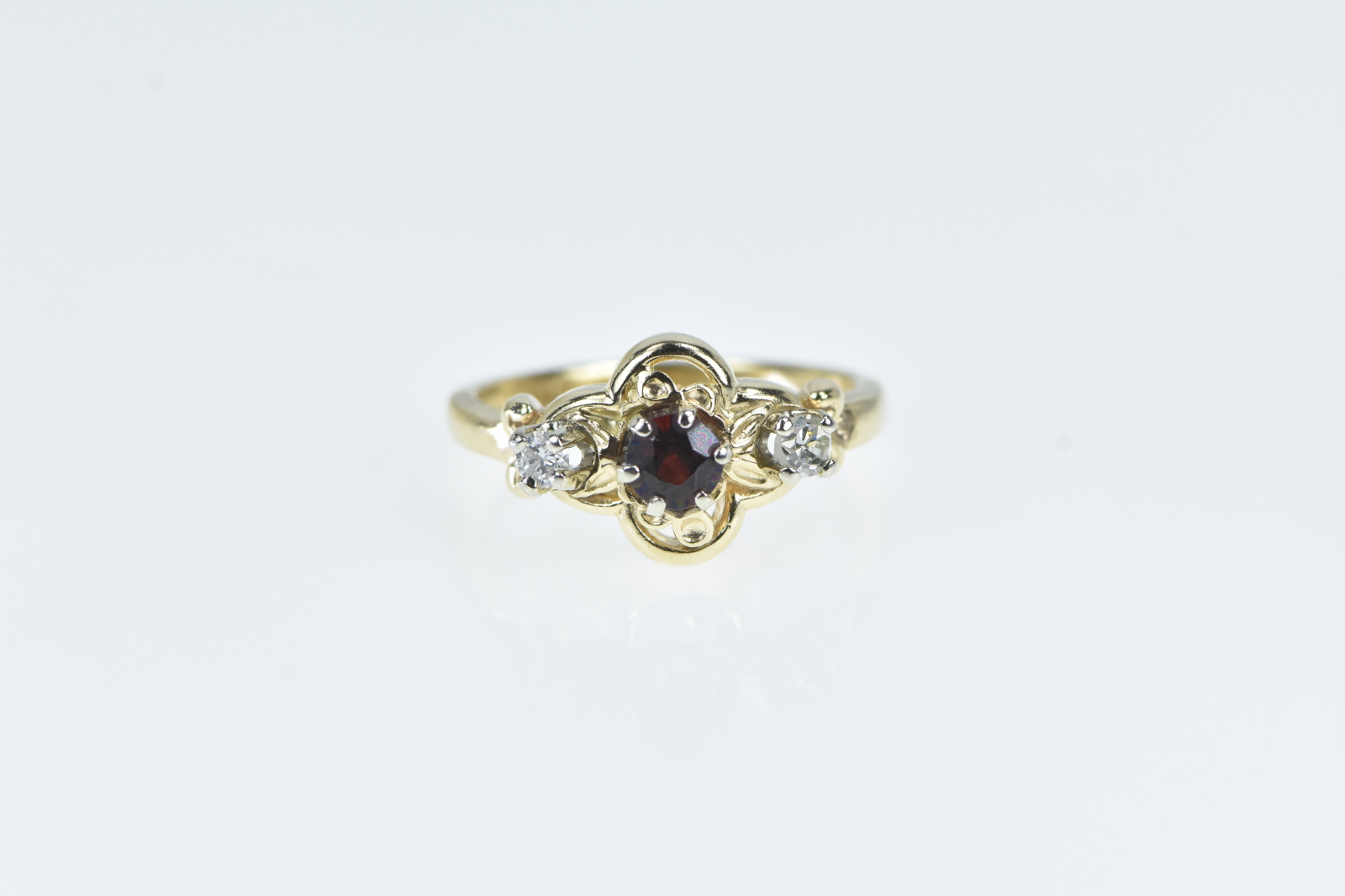 14K Ornate Garnet Diamond Accent Statement Yellow Gold Ring, Size 5.25