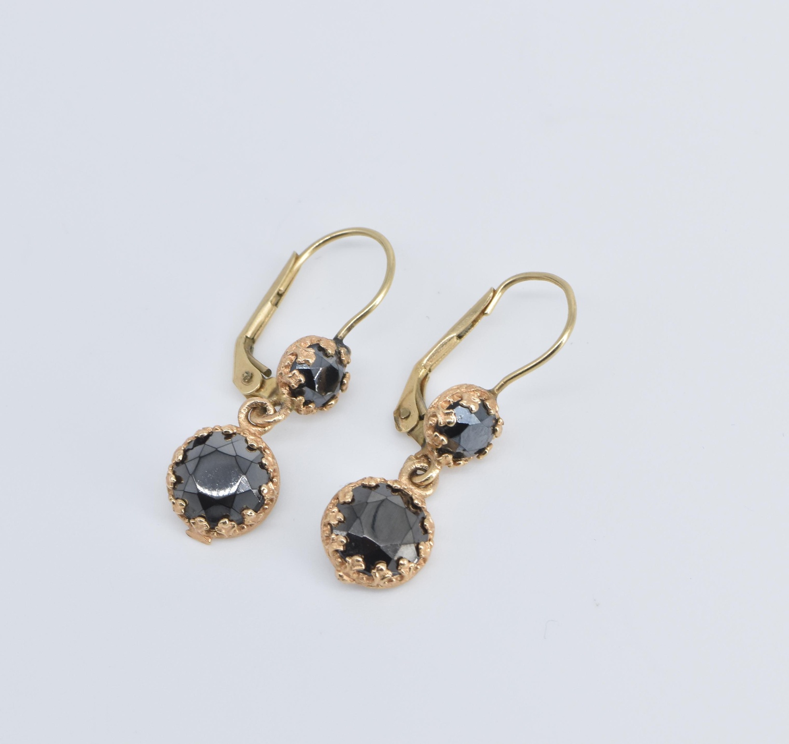 14K Ornate Hematite Round Dangle Statement Yellow Gold Earrings