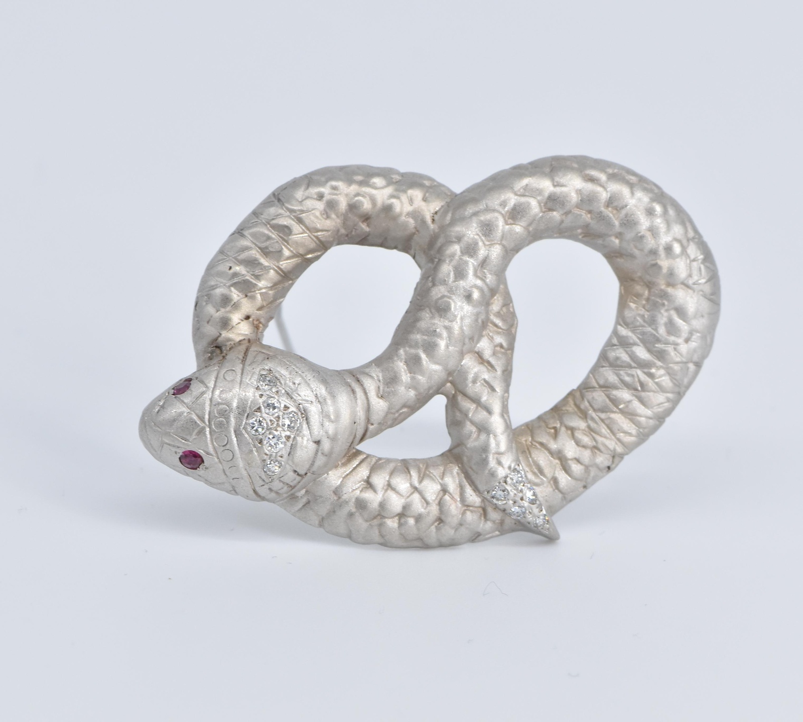 14K Ornate Natural Diamond Ruby Eye Snake Serpent White Gold Pin/Brooch
