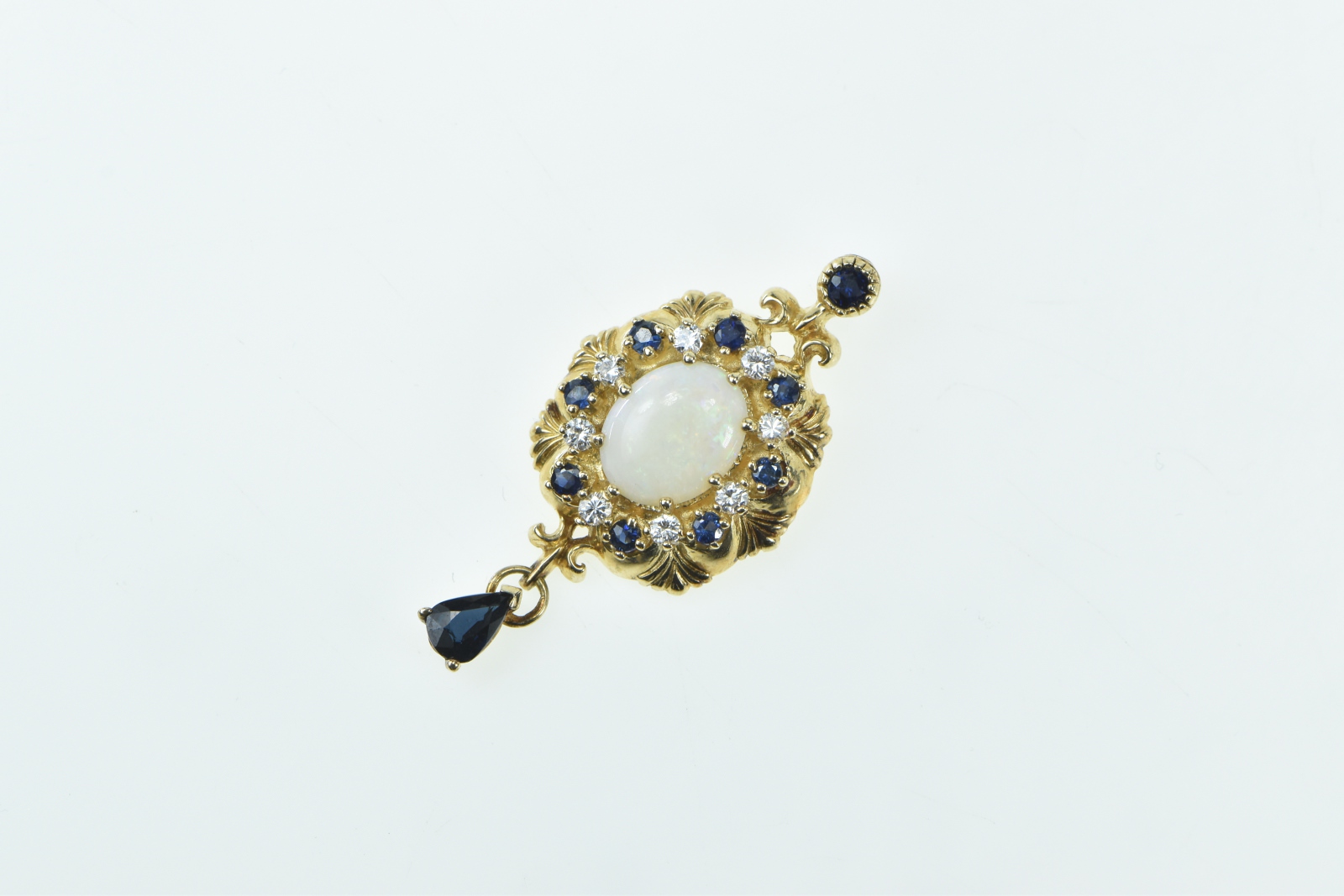14K Ornate Opal Diamond Sapphire Halo Drop Yellow Gold Pendant