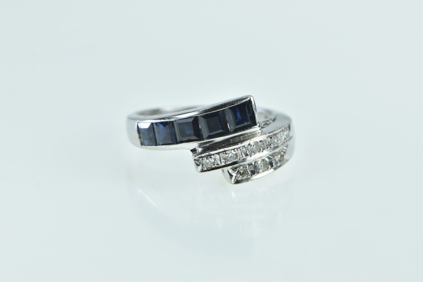 14K Ornate Princess Sapphire Diamond Bypass White Gold Ring, Size 5.25