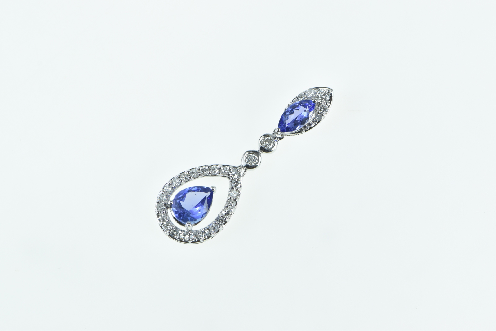 14K Ornate Tanzanite Diamond Halo Drop Vintage White Gold Pendant