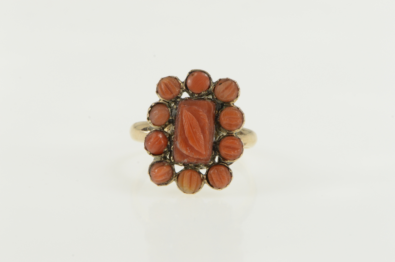 14K Ornate Victorian Carved Coral Halo Cocktail Yellow Gold Ring, Size 9