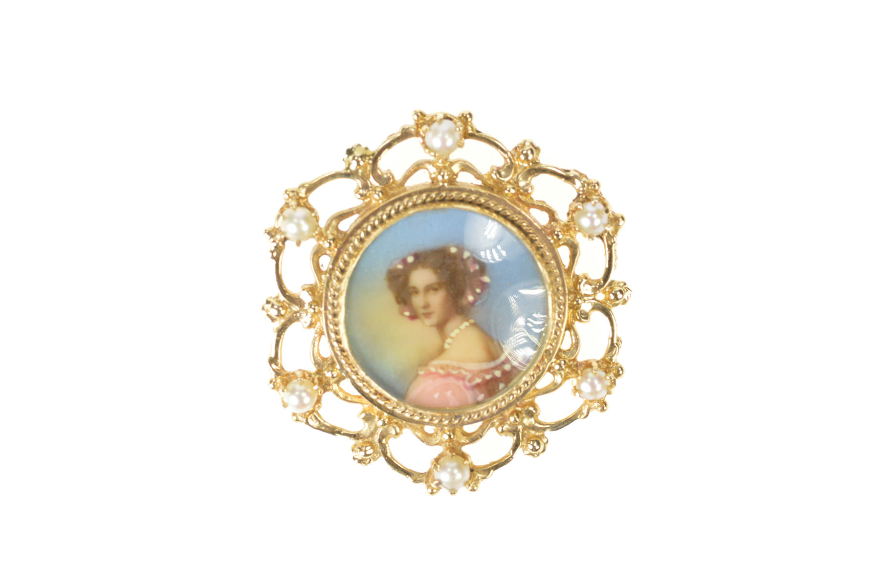 14K Ornate Victorian Painted Lady Pearl Scroll Yellow Gold Pendant/Pin