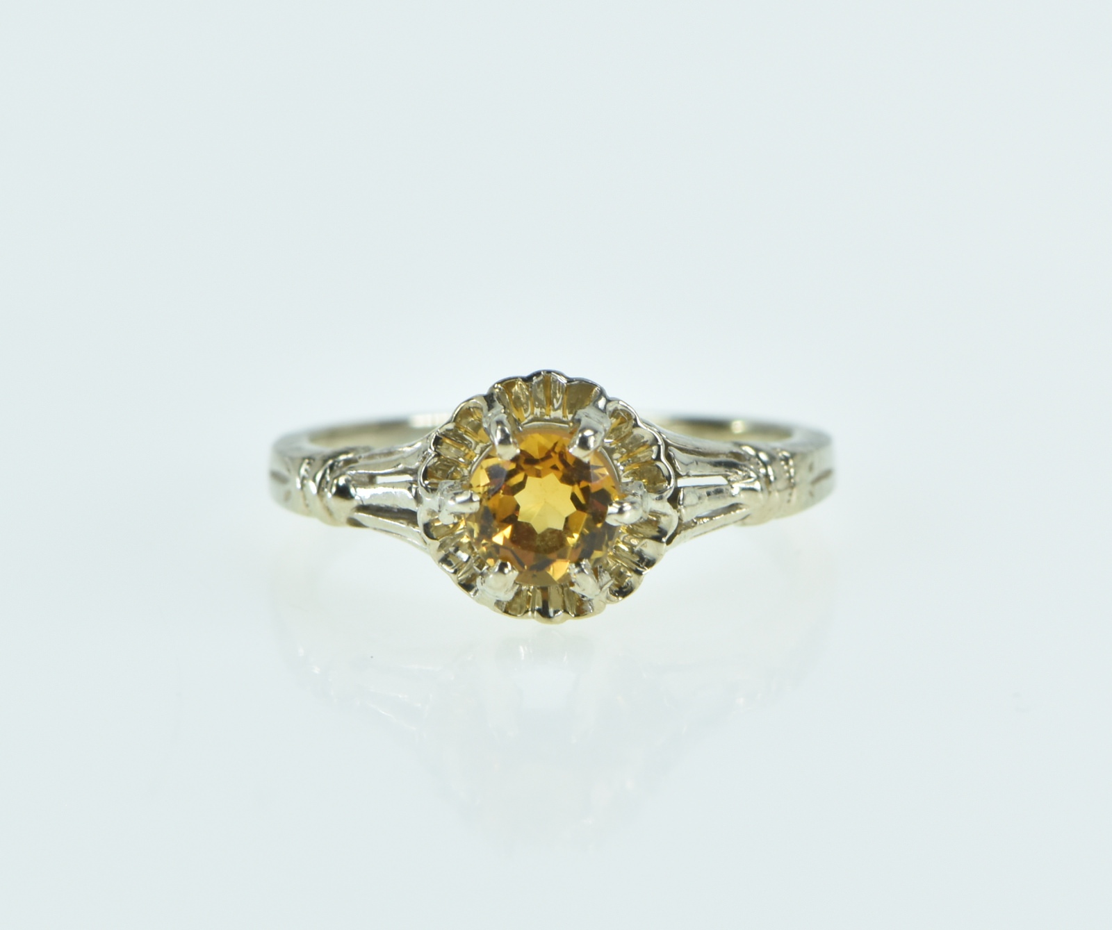 14K Ornate Vintage Citrine Statement Child's Baby White Gold Ring, Size 3.25