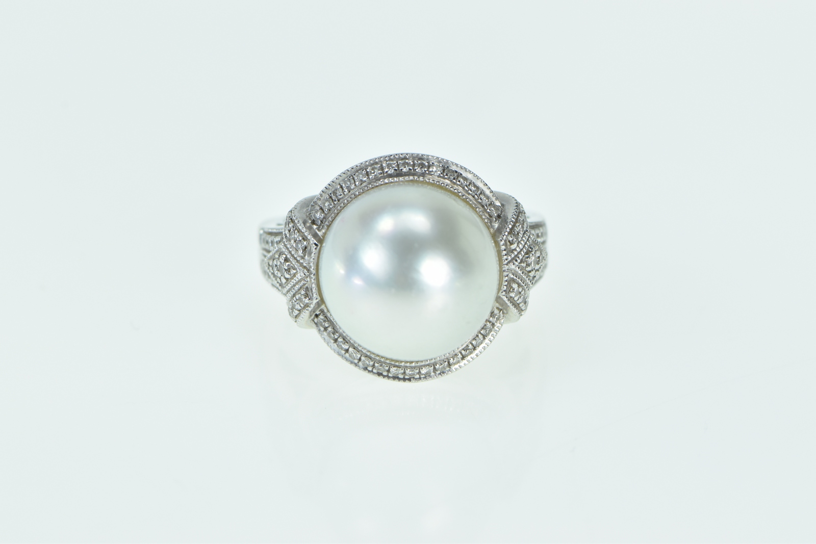 14K Ornate Vintage Pearl Diamond Halo Statement White Gold Ring, Size 7