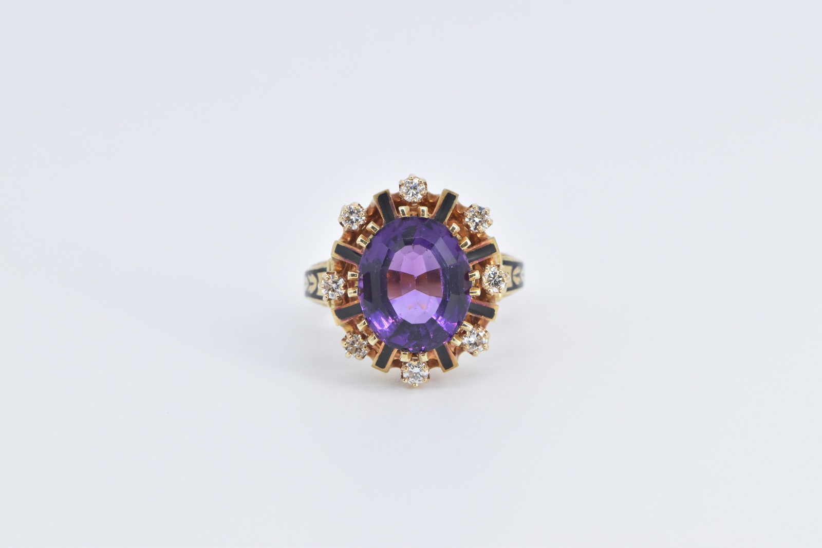14K Oval Amethyst Diamond Halo Ornate Cocktail Yellow Gold Ring, Size 6.5