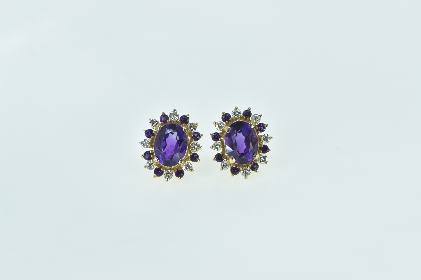 14K Oval Amethyst Diamond Halo Oval Stud Yellow Gold Earrings