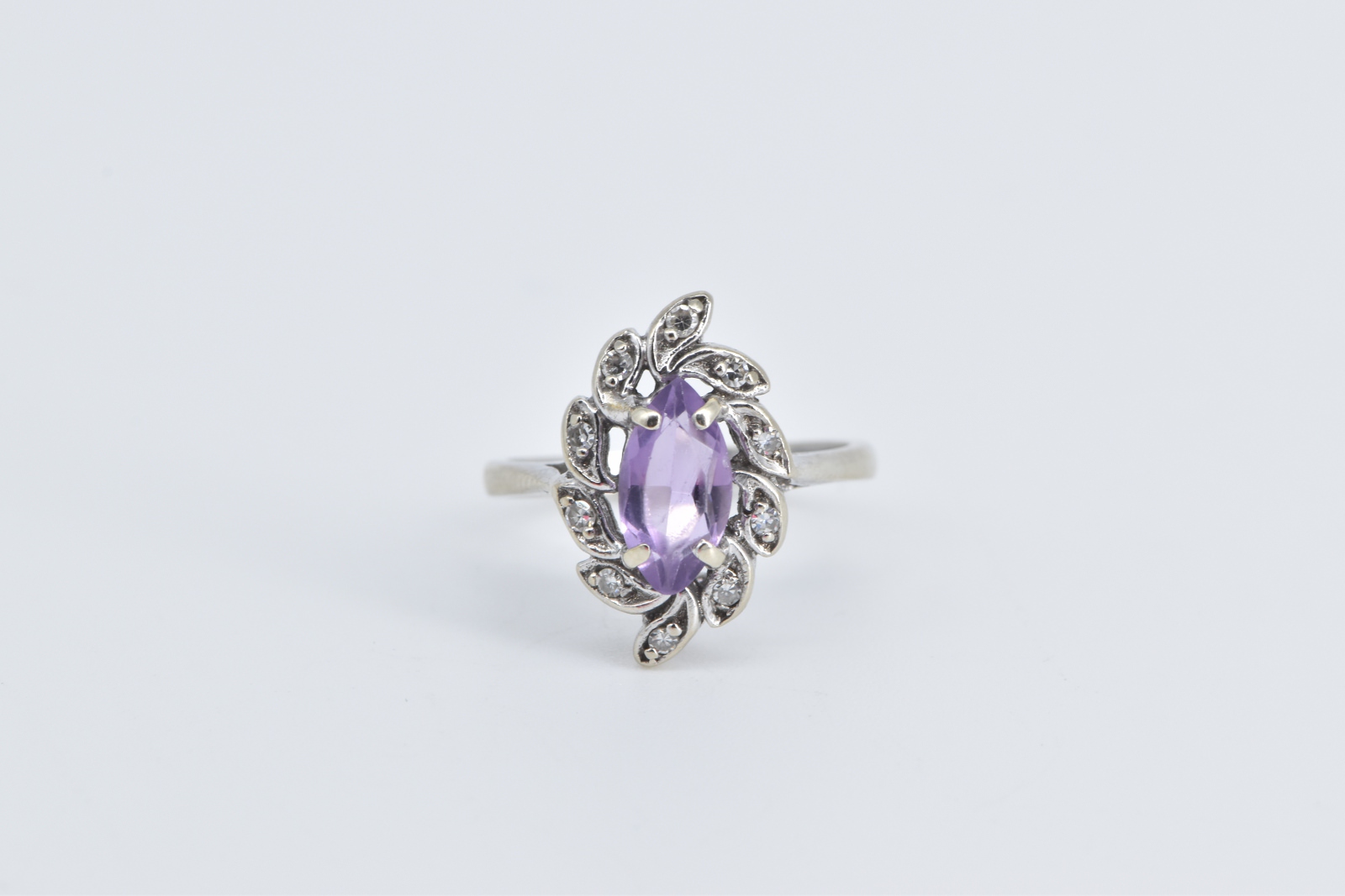 14K Oval Amethyst Diamond Halo Swirl Cluster White Gold Ring, Size 5.5