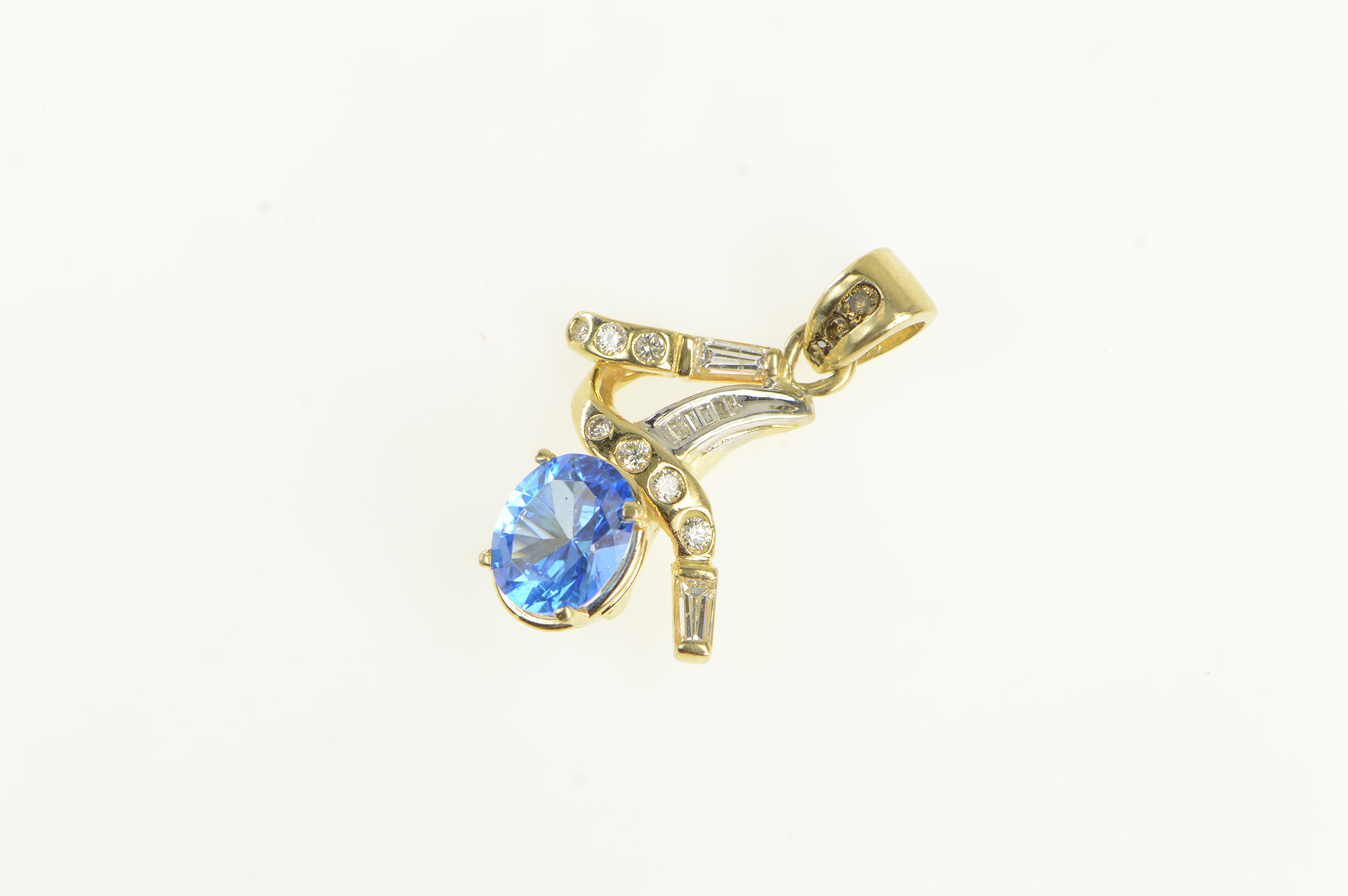 14K Oval Blue Topaz Diamond Freeform Yellow Gold Pendant
