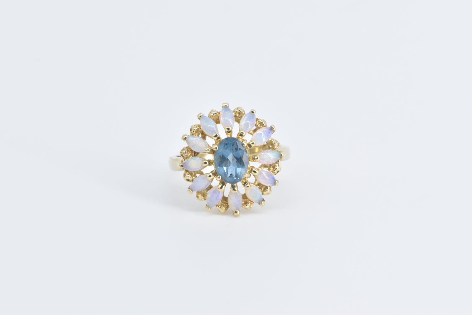 14K Oval Blue Topaz Marquise Opal Flower Cocktail Yellow Gold Ring, Size 9