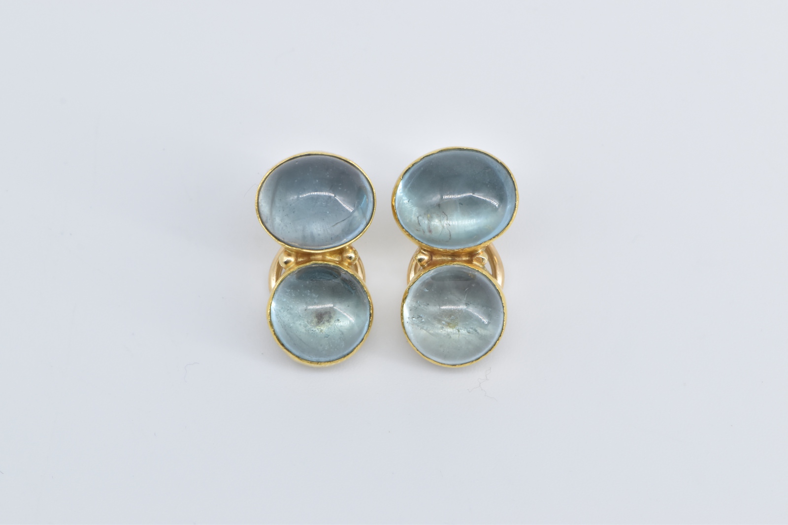 14K Oval Cabochon Blue Topaz Bezel Clip Back Yellow Gold Earrings
