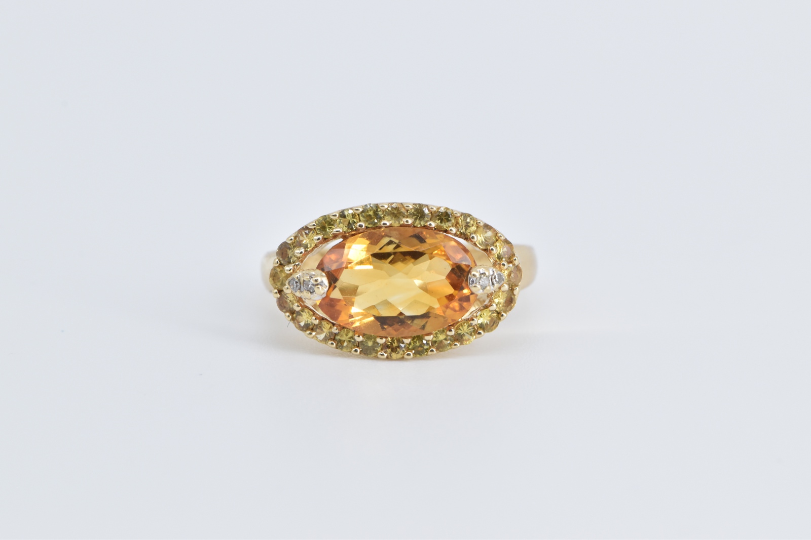 14K Oval Citrine Diamond Yellow Sapphire Halo Yellow Gold Ring, Size 8