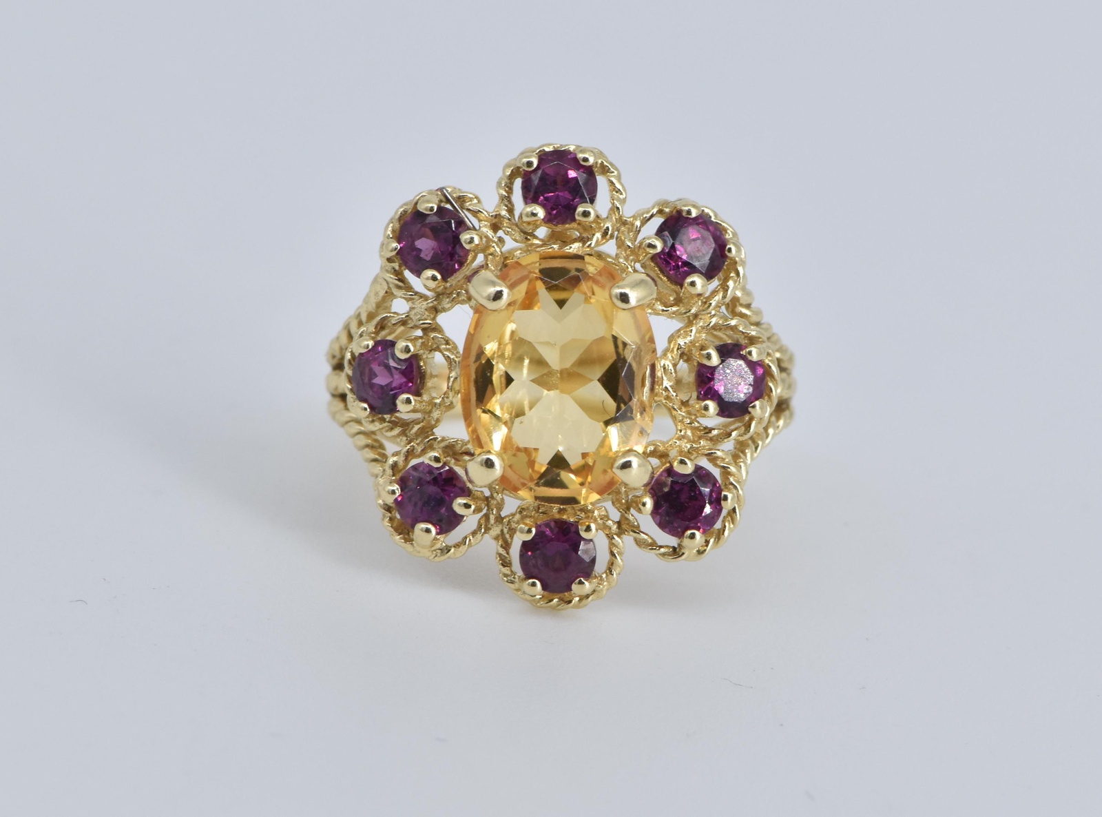 14K Oval Citrine Purple Tourmaline Halo Cocktail Yellow Gold Ring, Size 5