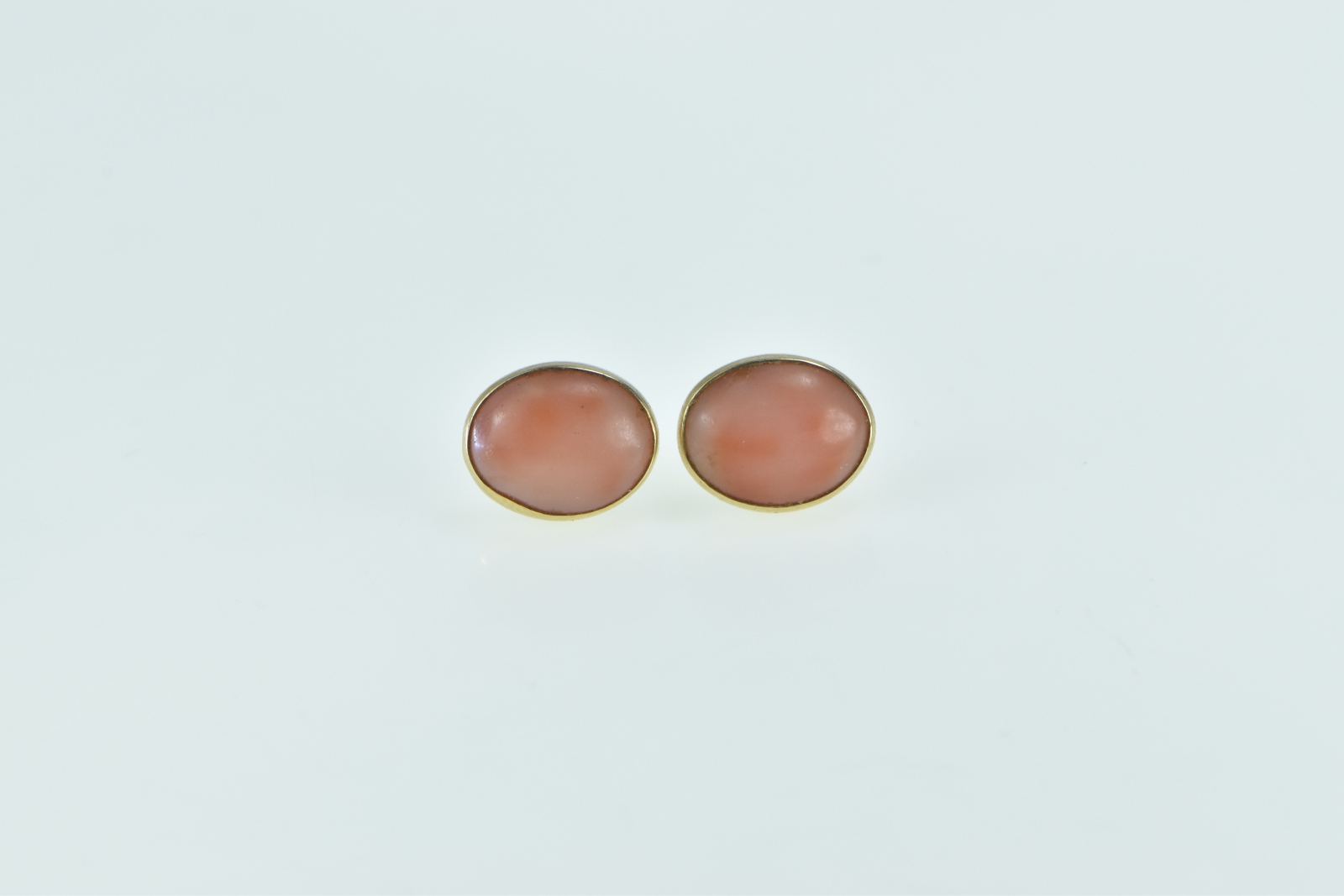 14K Oval Coral Cabochon Vintage Bezel Stud Yellow Gold Earrings