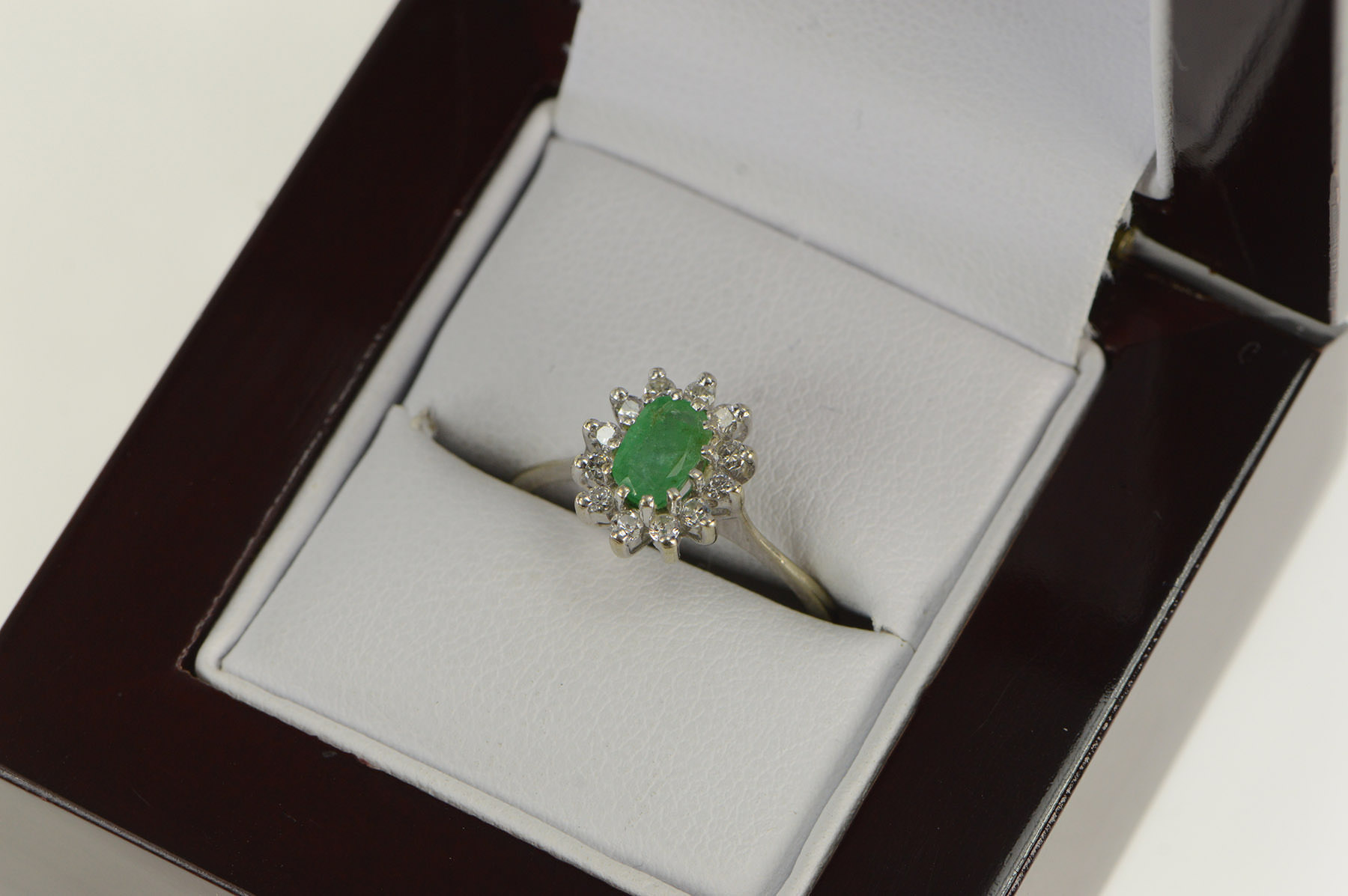 14K Oval Emerald Diamond Halo Engagement White Gold Ring, Size 6.25