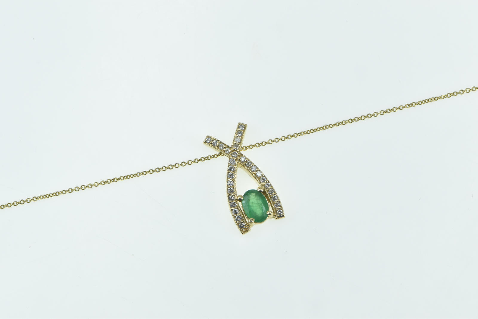 14K Oval Emerald Diamond X Criss Cross Chain Yellow Gold Necklace 16"