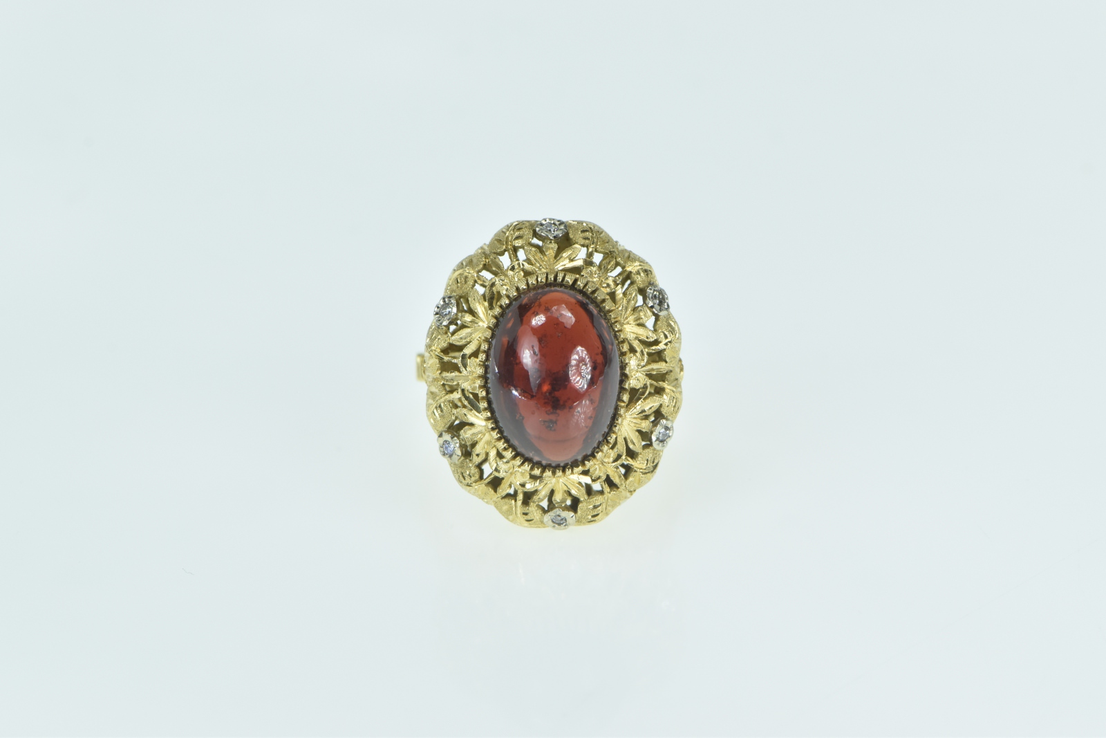 14K Oval Garnet Cabochon Diamond Leaf Filigree Yellow Gold Ring, Size 8.75