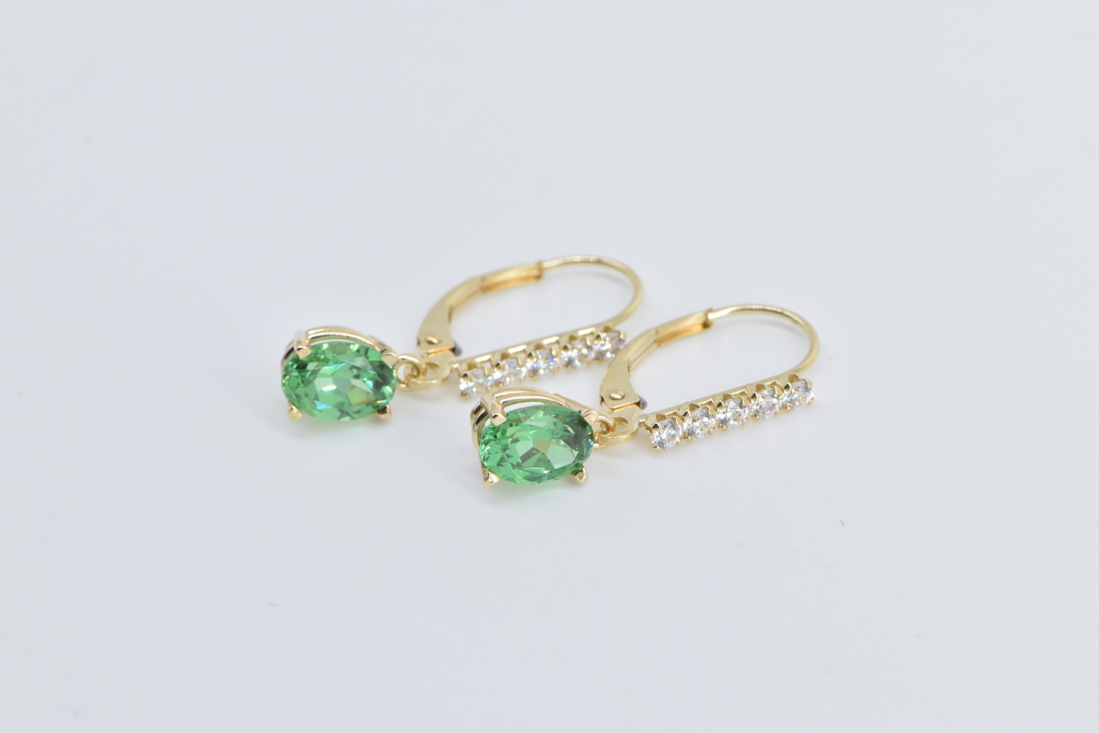 14K Oval Green CZ Fashion Drop Dangle Yellow Gold Earrings