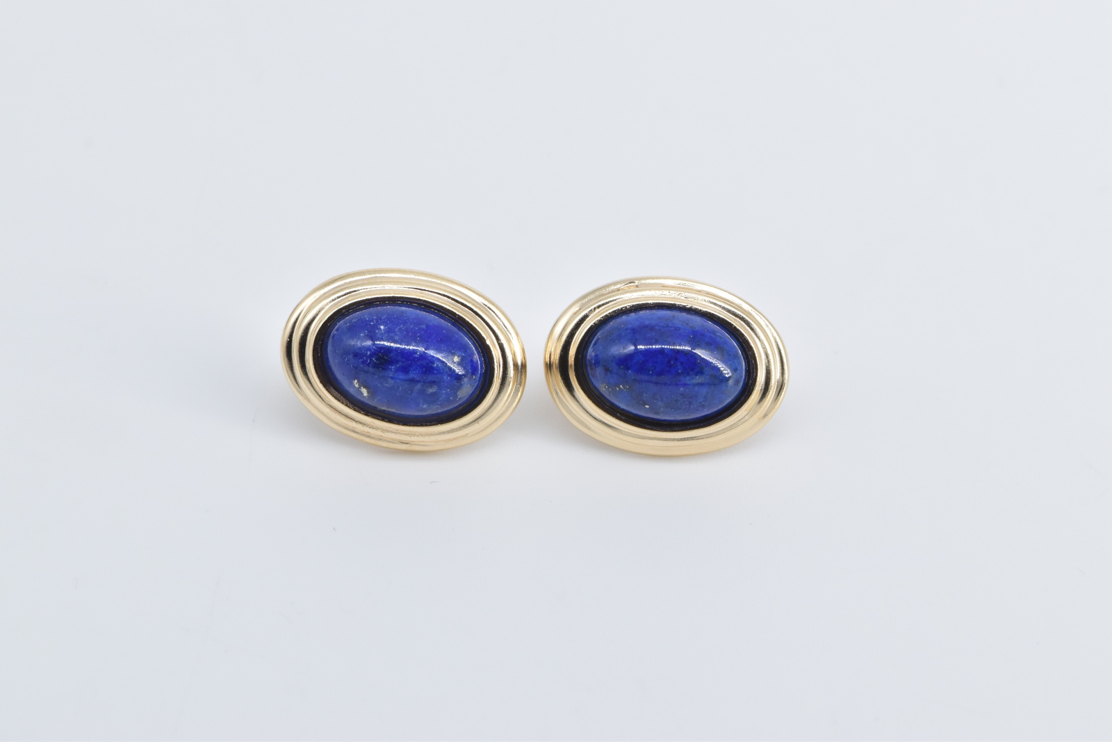 14K Oval Lapis Lazuli Cabochon Scalloped French Clip Yellow Gold Earrings