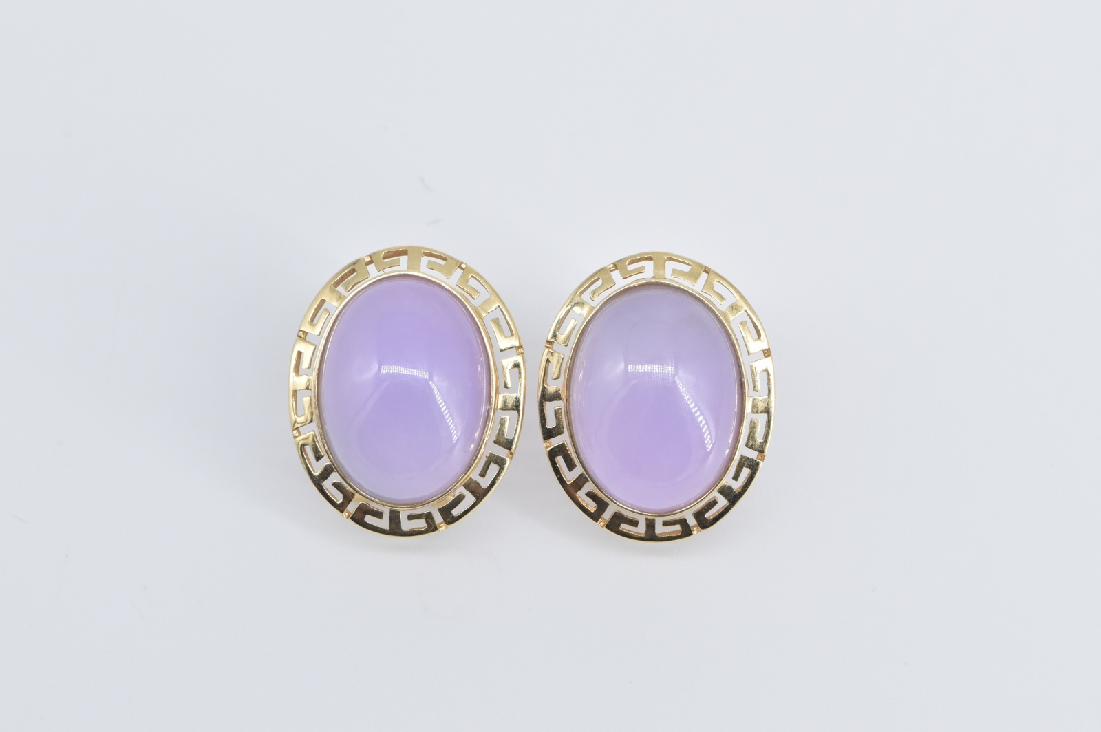 14K Oval Lilac Jadeite Greek Wave French Clip Yellow Gold Earrings