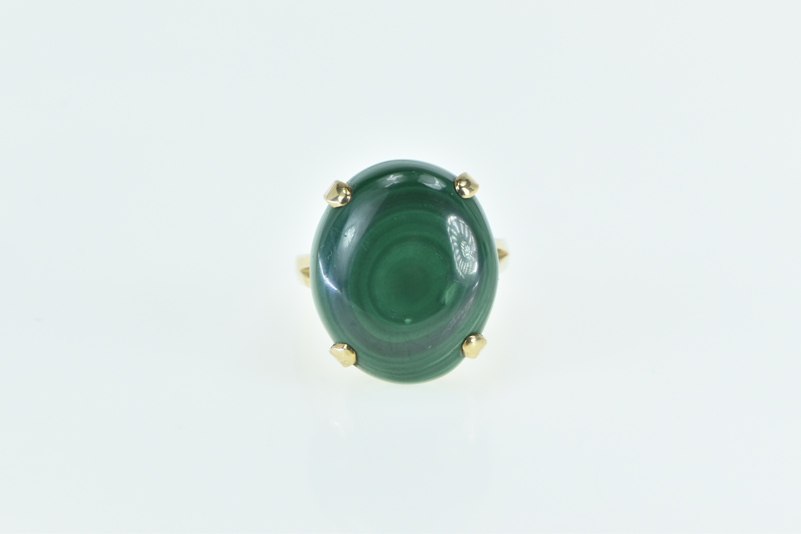 14K Oval Malachite Cabochon Vintage Statement Yellow Gold Ring, Size 6.75