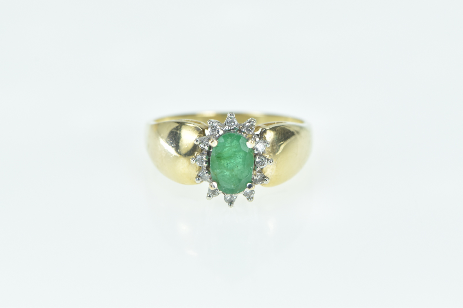 14K Oval Natural Emerald Diamond Halo Vintage Yellow Gold Ring, Size 7.25