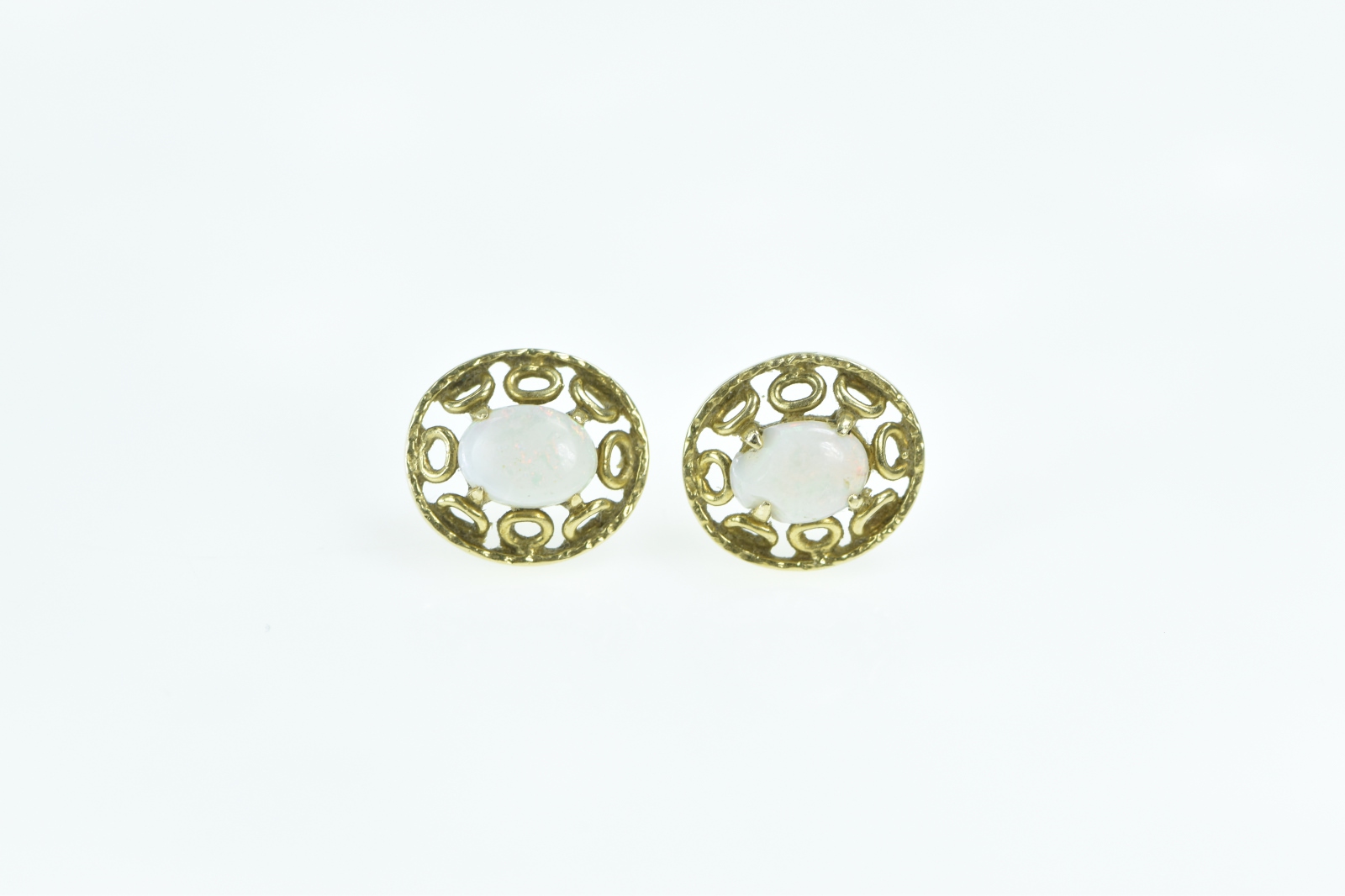 14K Oval Natural Opal Filigree Vintage Stud Yellow Gold Earrings