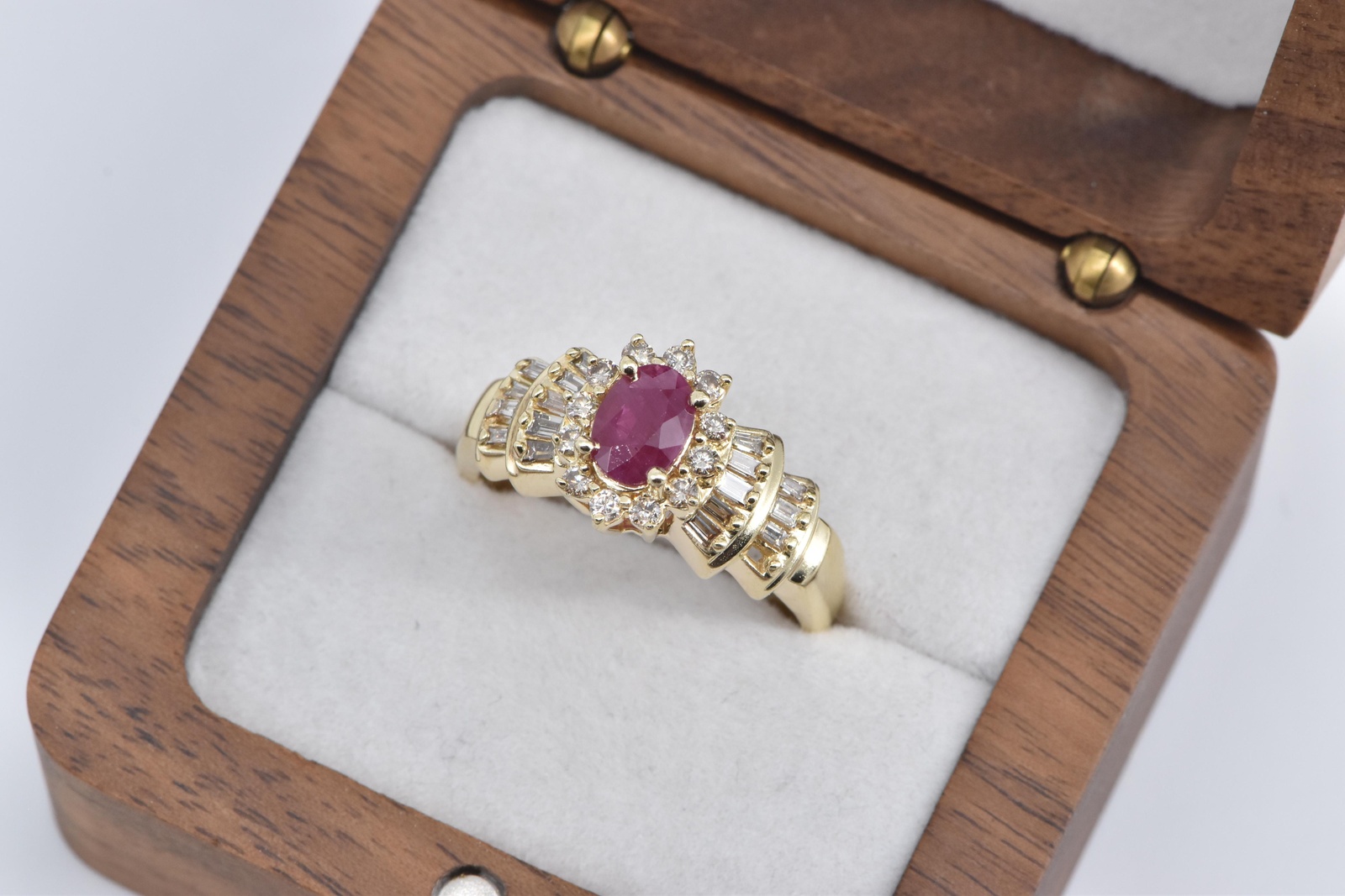 14K Oval Natural Ruby Diamond Engagement Yellow Gold Ring, Size 10