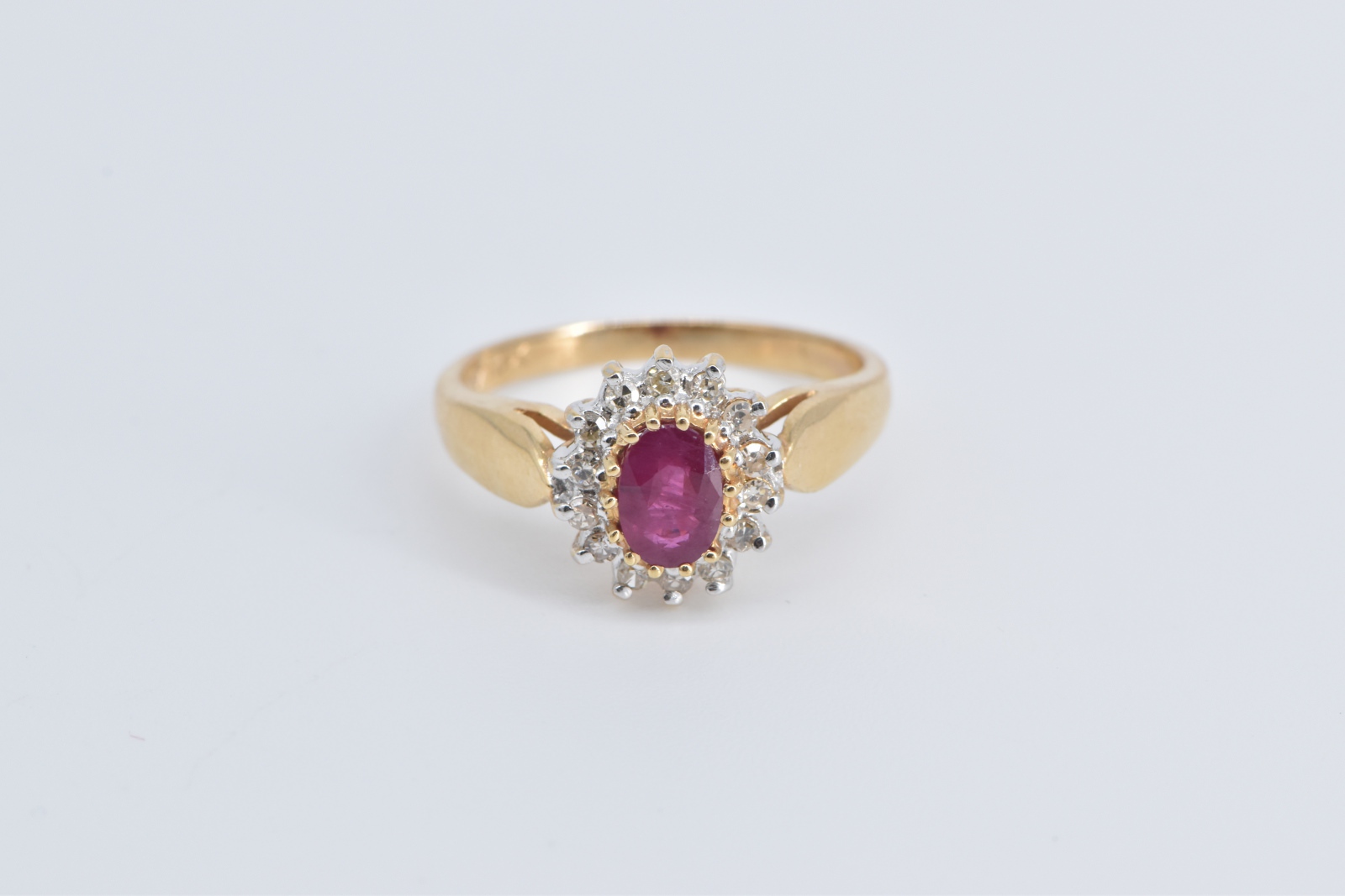 14K Oval Natural Ruby Diamond Halo Statement Yellow Gold Ring, Size 6