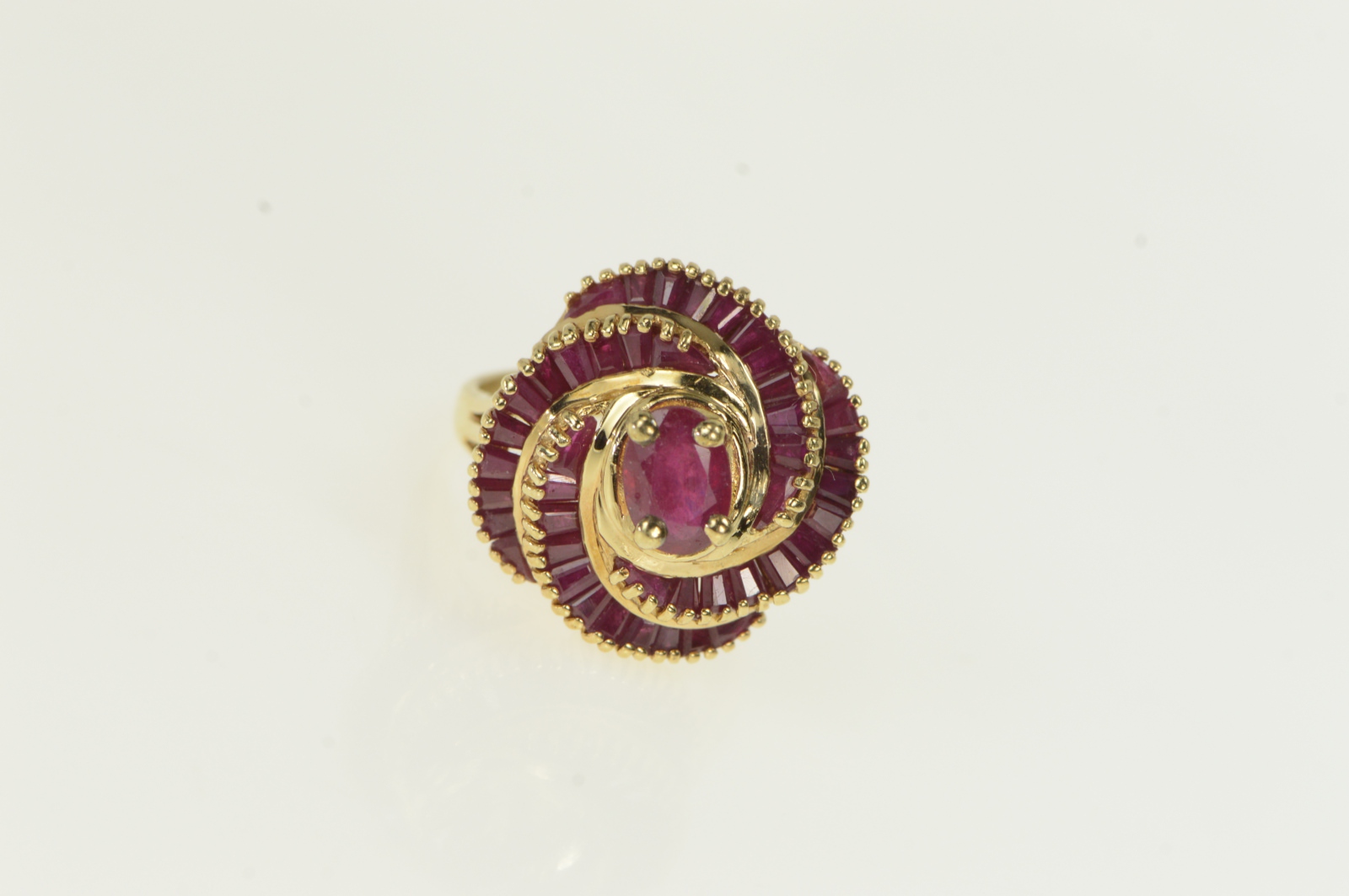 14K Oval Natural Ruby Swirl Halo Cocktail Yellow Gold Ring, Size 8.25