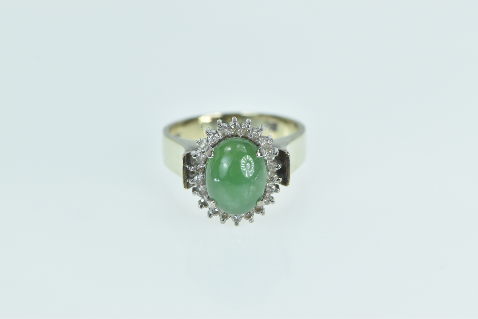 14K Oval Nephrite Diamond Halo Statement Yellow Gold Ring, Size 6.5