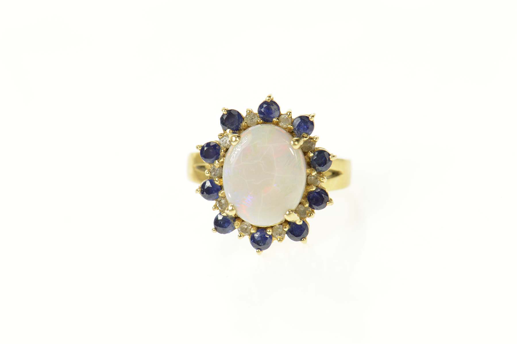 14K Oval Opal Diamond Sapphire Cocktail Yellow Gold Ring, Size 5.5