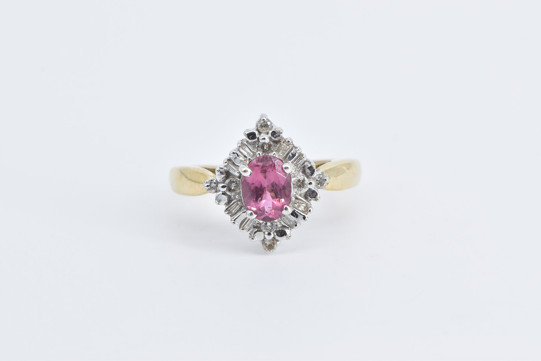 14K Oval Pink Topaz Diamond Halo Engagement Yellow Gold Ring, Size 6
