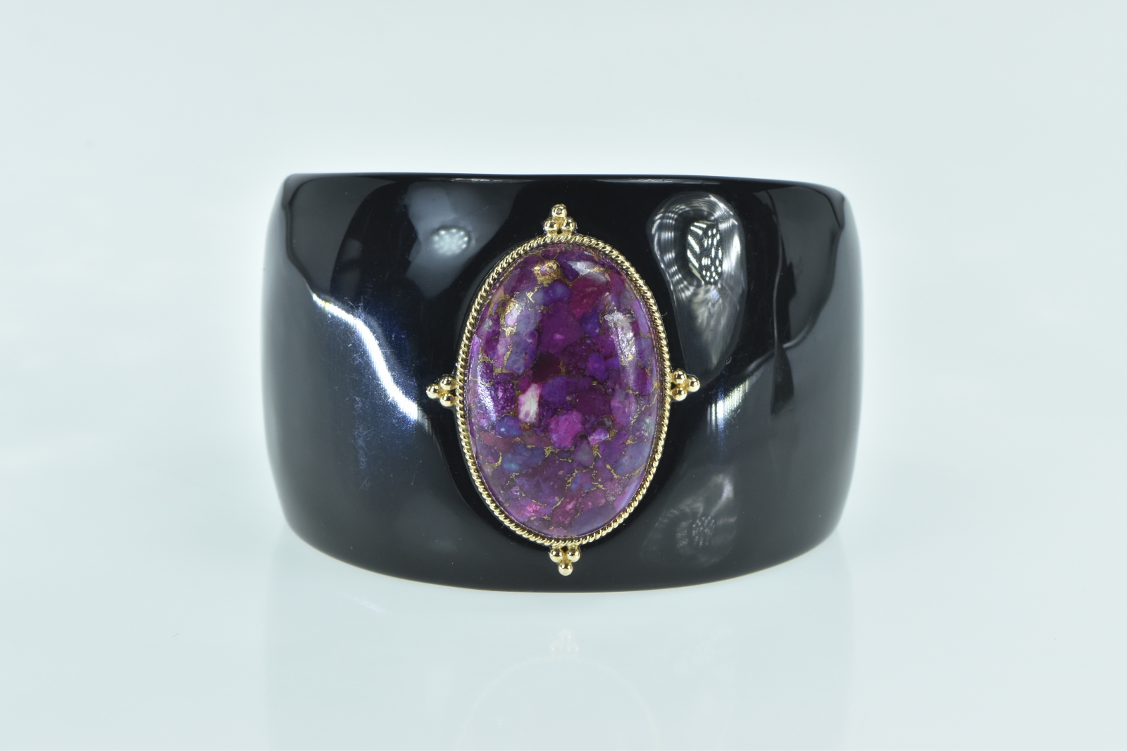 14K Oval Pyritic Sugilite Black Resin Cuff Yellow Gold Bracelet 7"