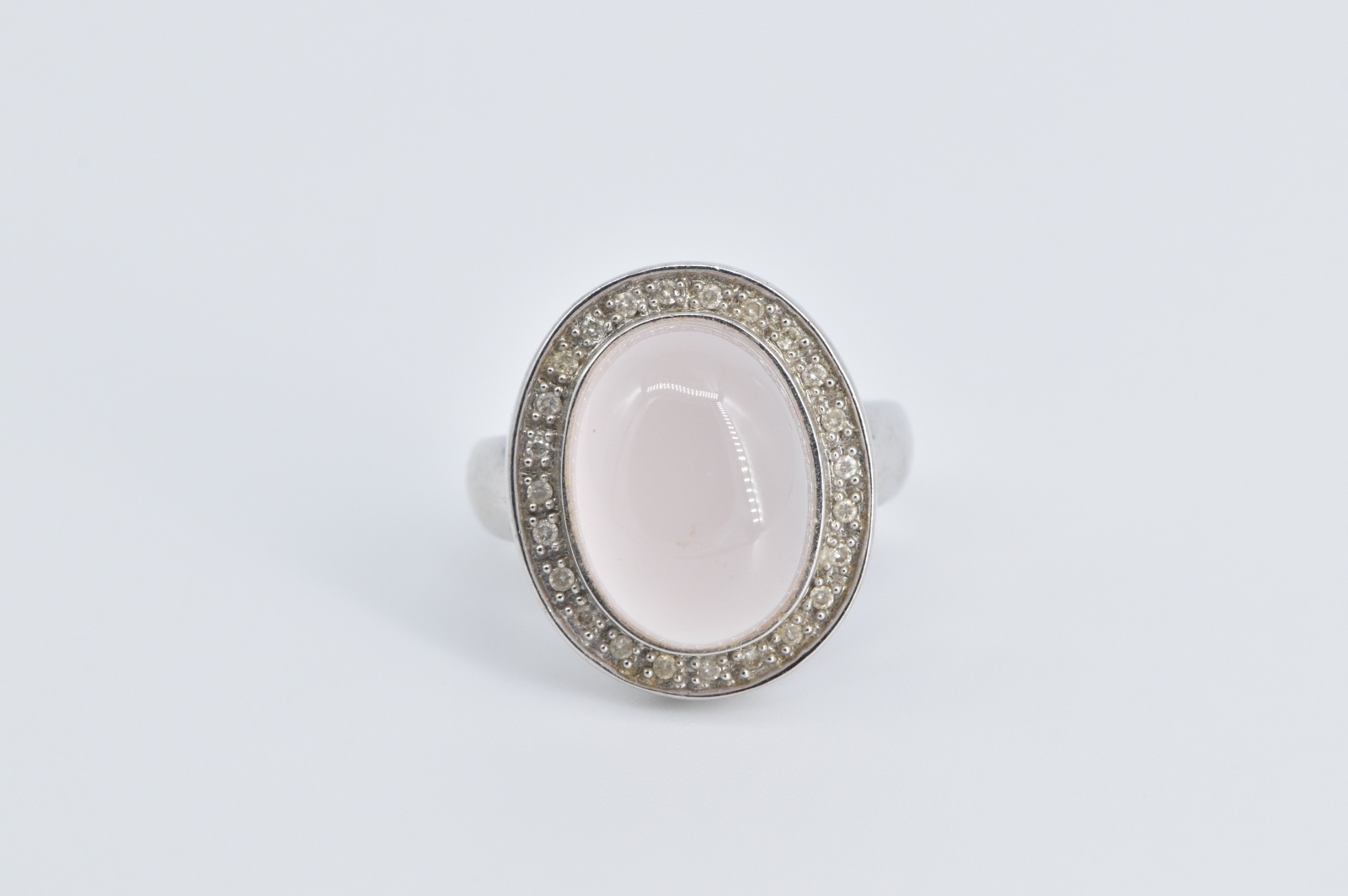 14K Oval Rose Quartz Natural Diamond Halo Cocktail White Gold Ring, Size 7.75