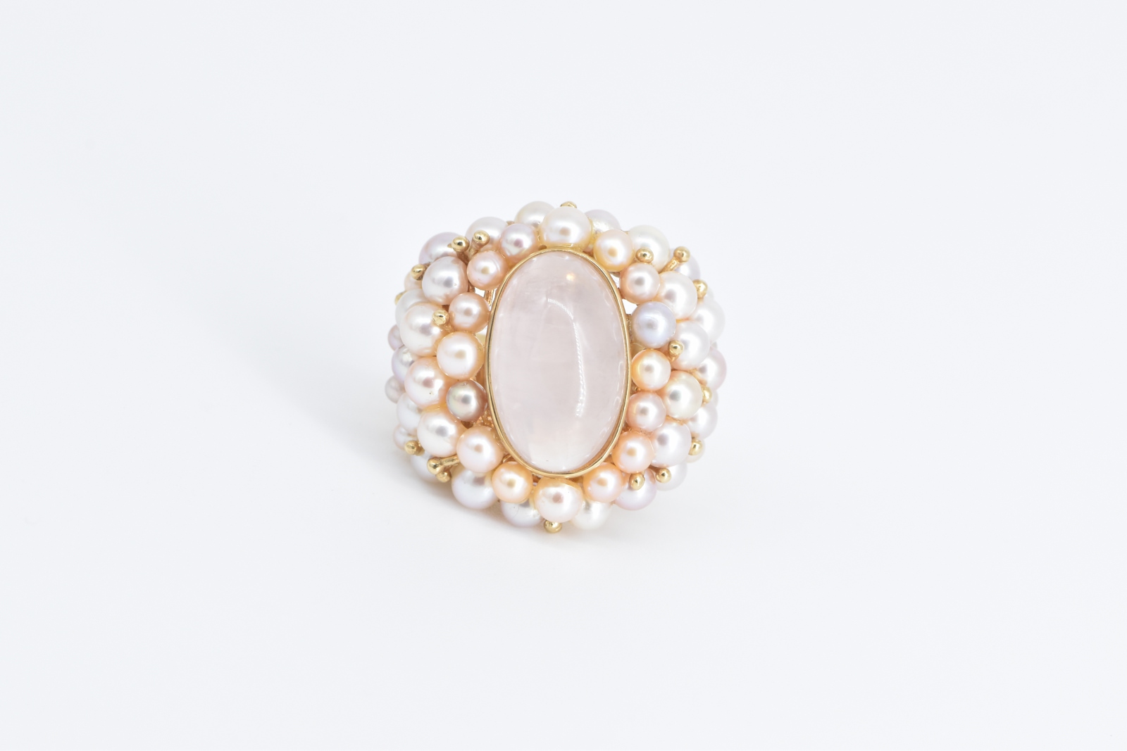 14K Oval Rose Quartz Pearl Encrusted Statement Yellow Gold Ring, Size 7