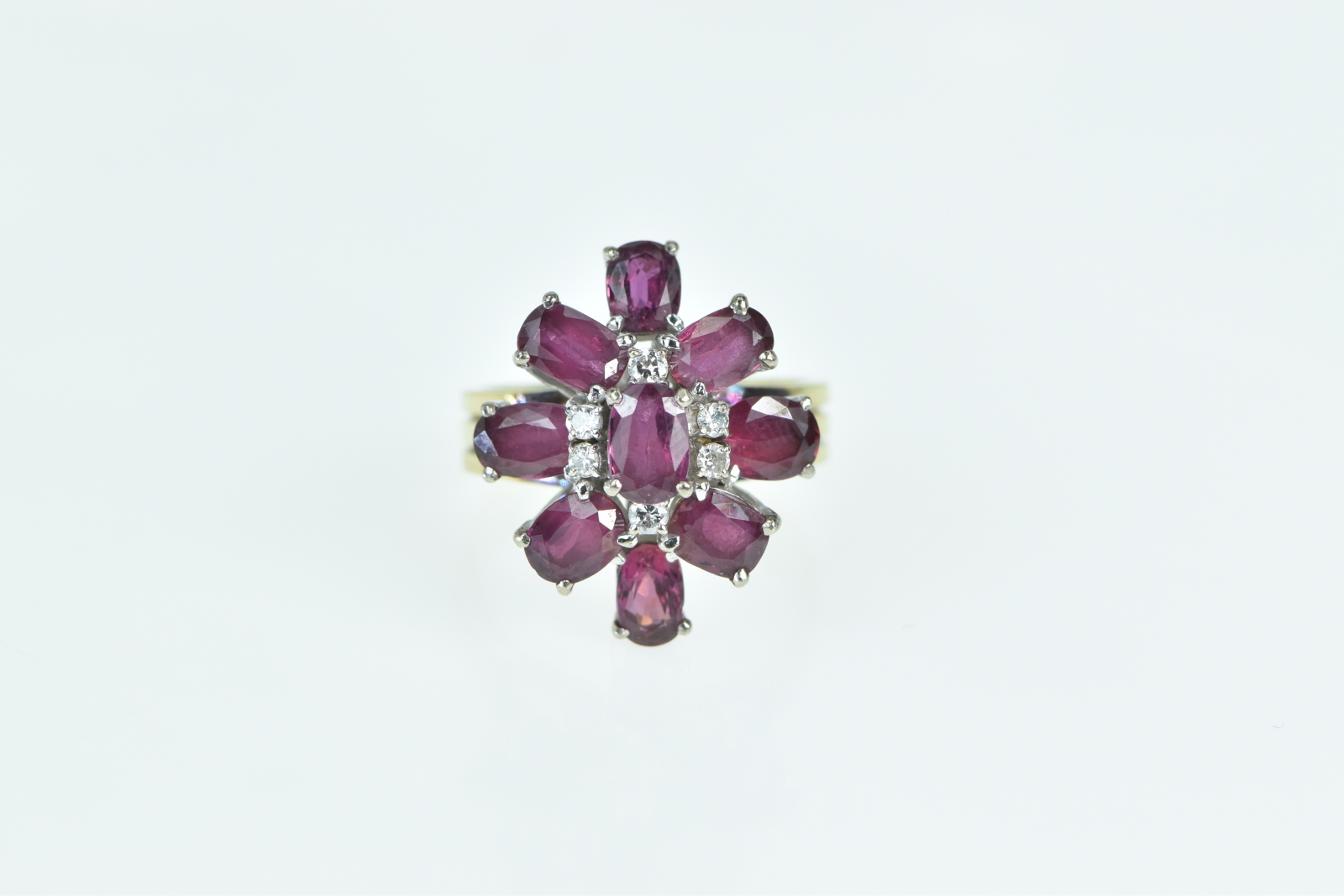 14K Oval Ruby Diamond Ornate Cluster Cocktail Yellow Gold Ring, Size 7.25
