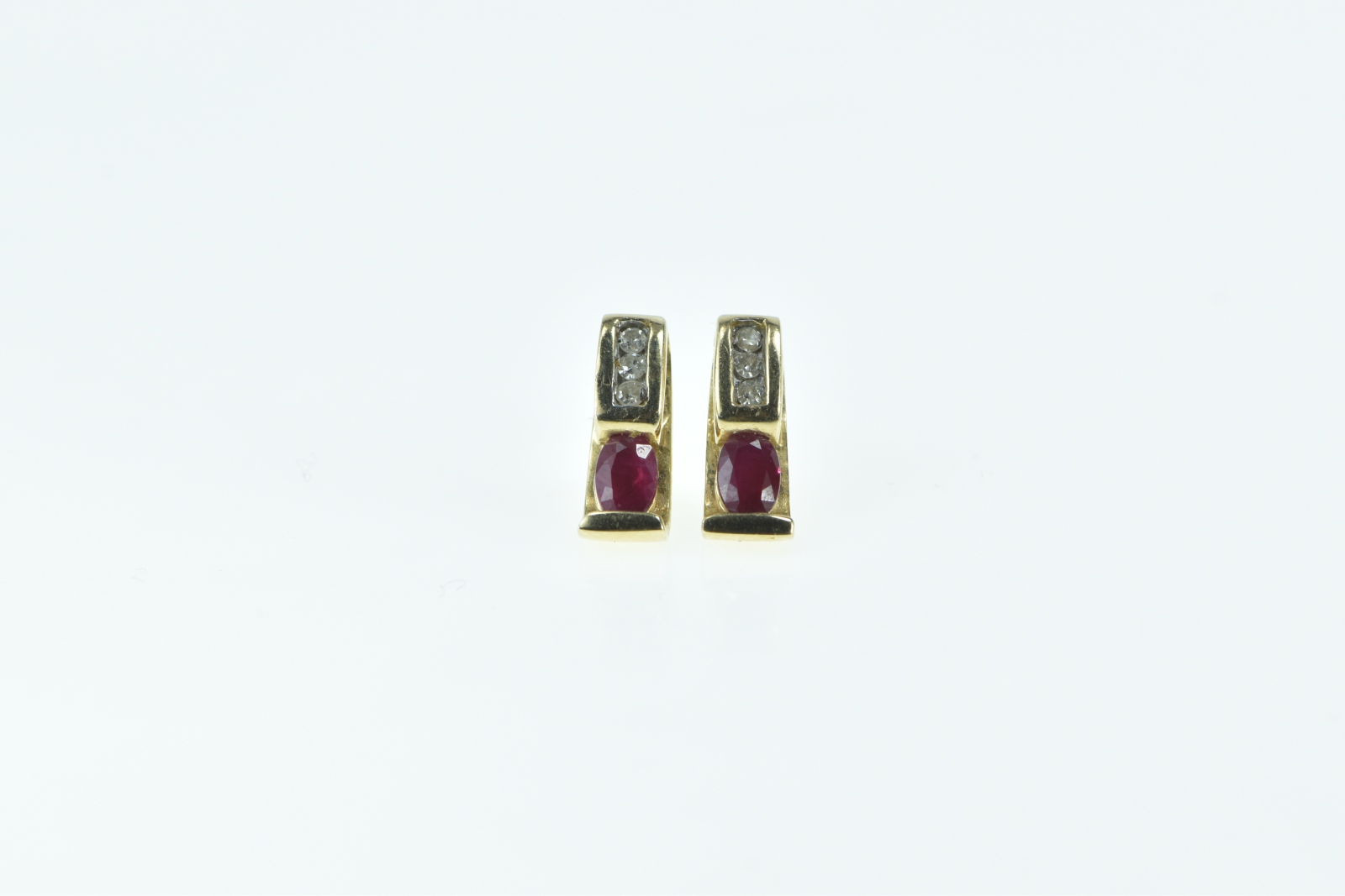 14K Oval Ruby Diamond Vintage Statement Stud Yellow Gold Earrings
