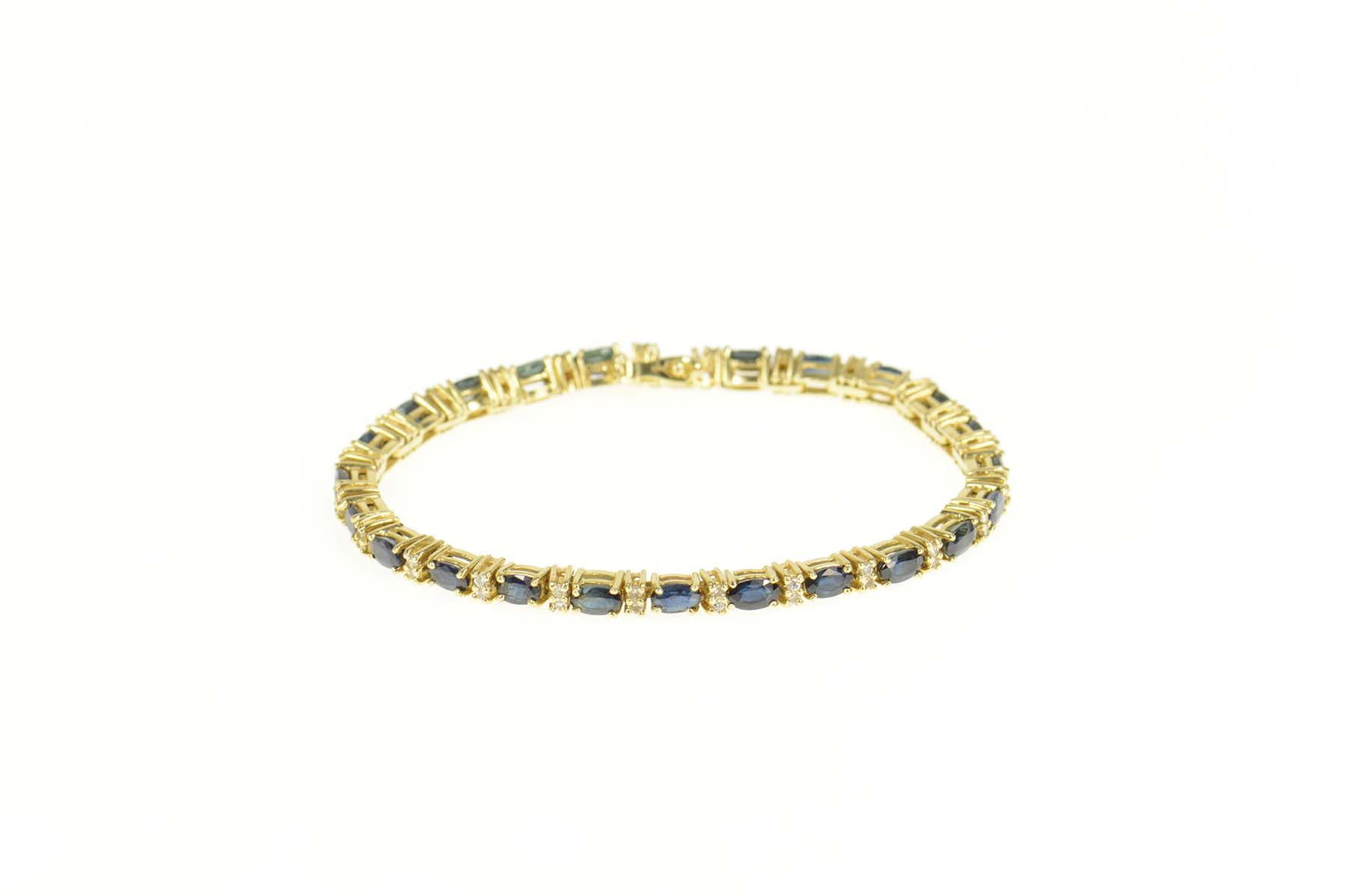 14K Oval Sapphire Diamond Accent Tennis Yellow Gold Bracelet 6.75"